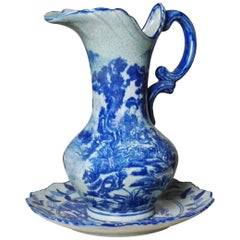 Large Japonism Blue and White Ceramic Handle Vase with under Plate, Jug