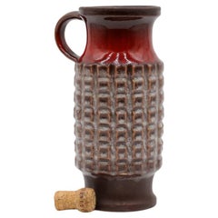 Large Jasba Vase with Handle in Red and Brown with White Geometric Pattern