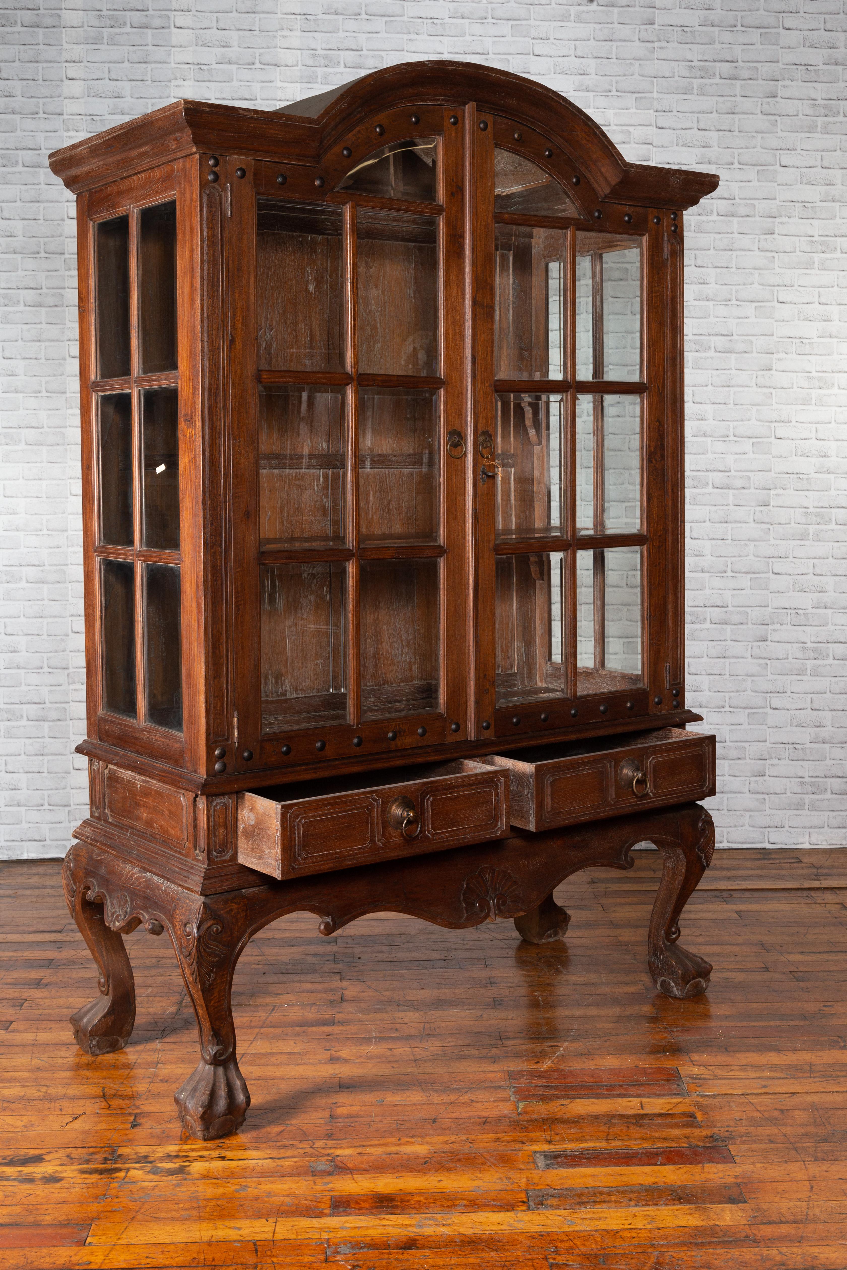 Large Javanese Cabinet with Paneled Glass Doors, Bonnet Top and Cabriole Legs For Sale 1
