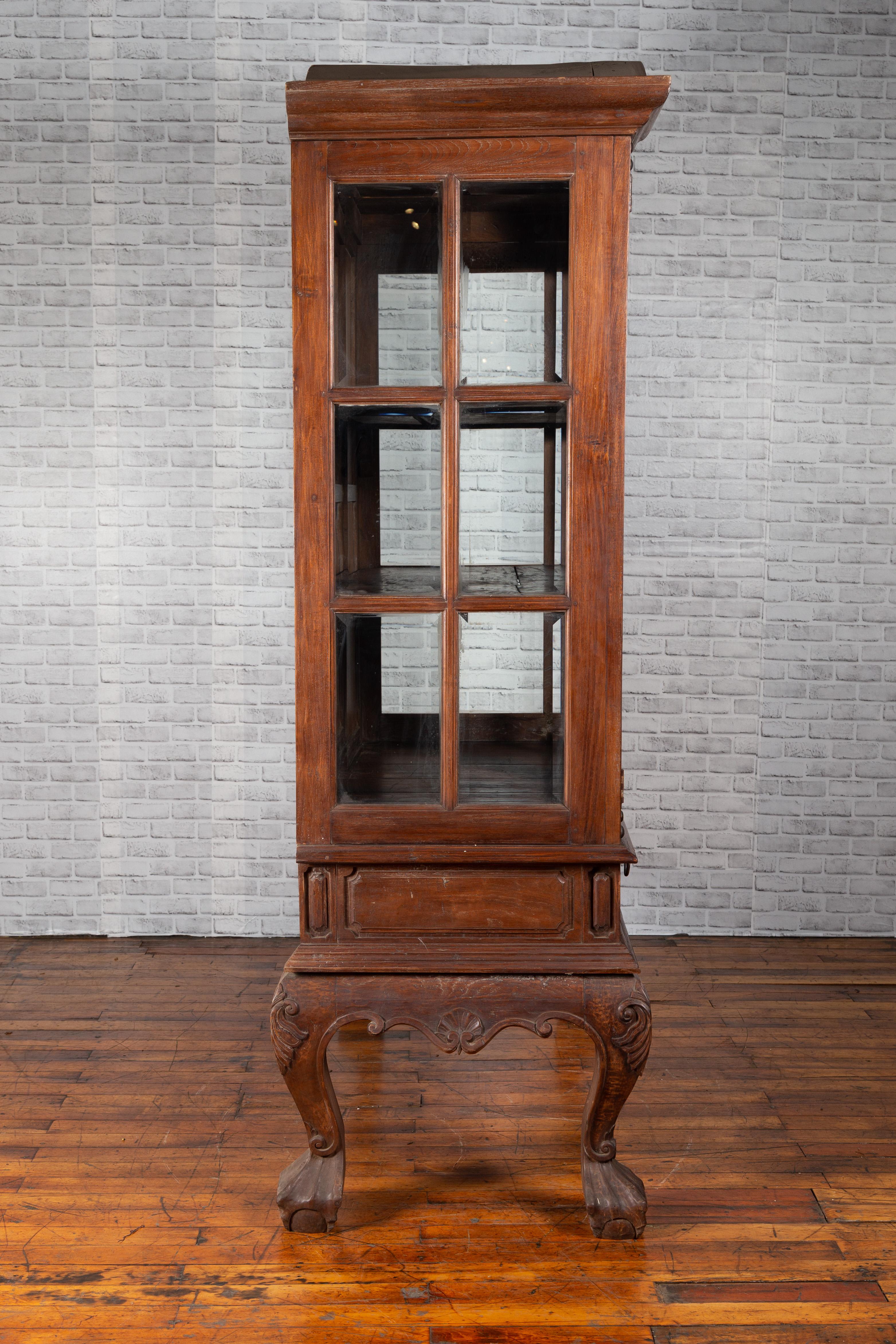 Large Javanese Cabinet with Paneled Glass Doors, Bonnet Top and Cabriole Legs For Sale 3