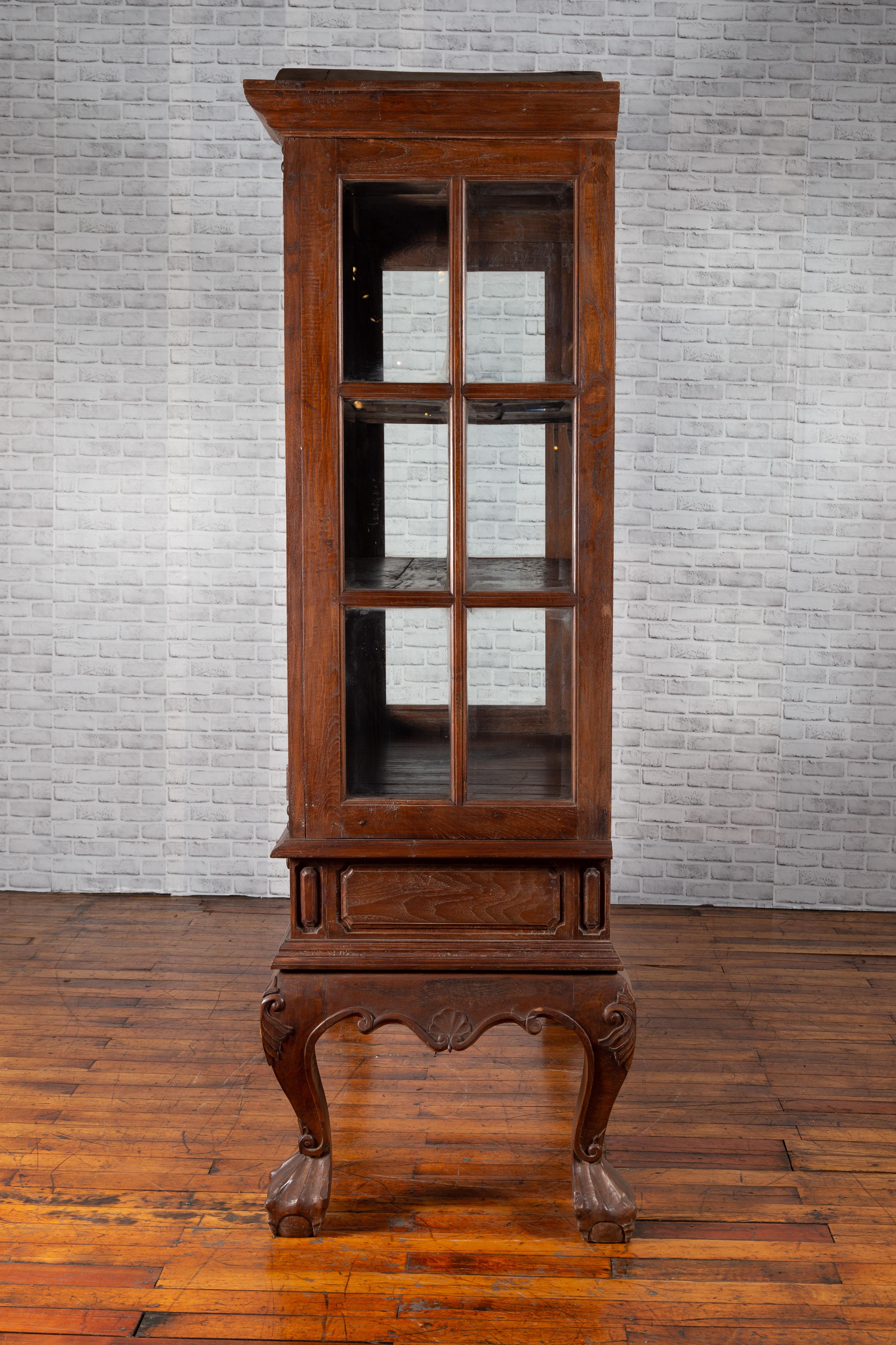 Large Javanese Cabinet with Paneled Glass Doors, Bonnet Top and Cabriole Legs For Sale 5