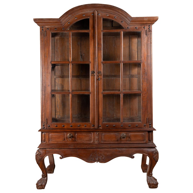 Large Javanese Cabinet with Paneled Glass Doors, Bonnet Top and