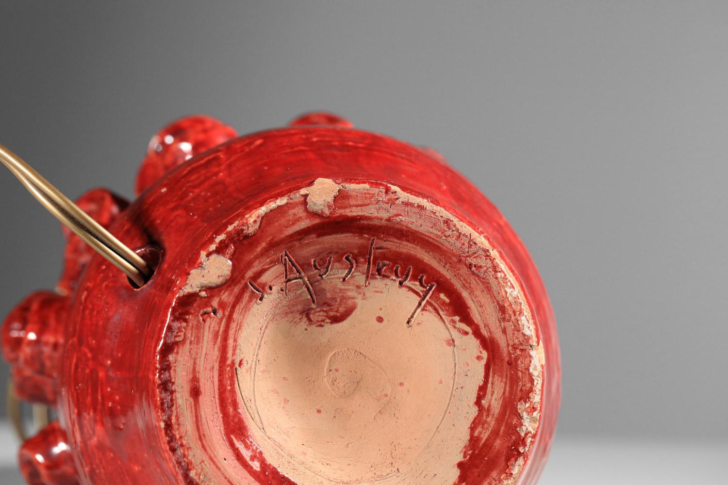 grande lampada da tavolo in ceramica smaltata rossa anni '50 di Jean Austruy in vendita 2