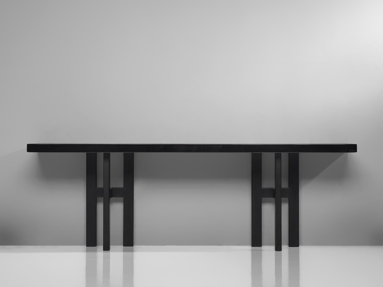 Jean Claude Dresse, console, resin and steel, Belgium, 1970s

Wonderful resin console table is a design by the hand of Belgian designer Jean Claude Dresse. This console is made out of a resin table top, resting on lacquered metal feet. The