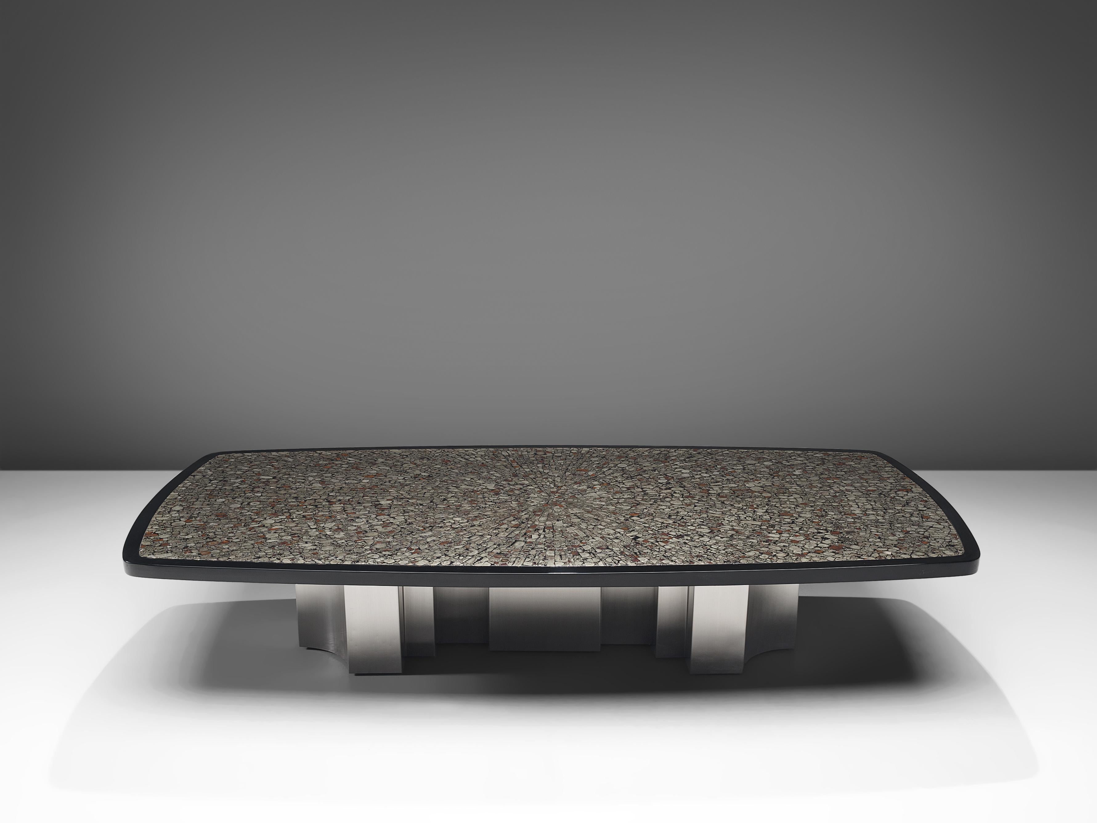 Jean Claude Dresse, large coffee table, marcasite, wood, steel, Belgium, 1970s

This extraordinary piece was crafted with great eye for proportions and detail, typical for the work of Dresse. The luxurious character of the marcasite inlay
