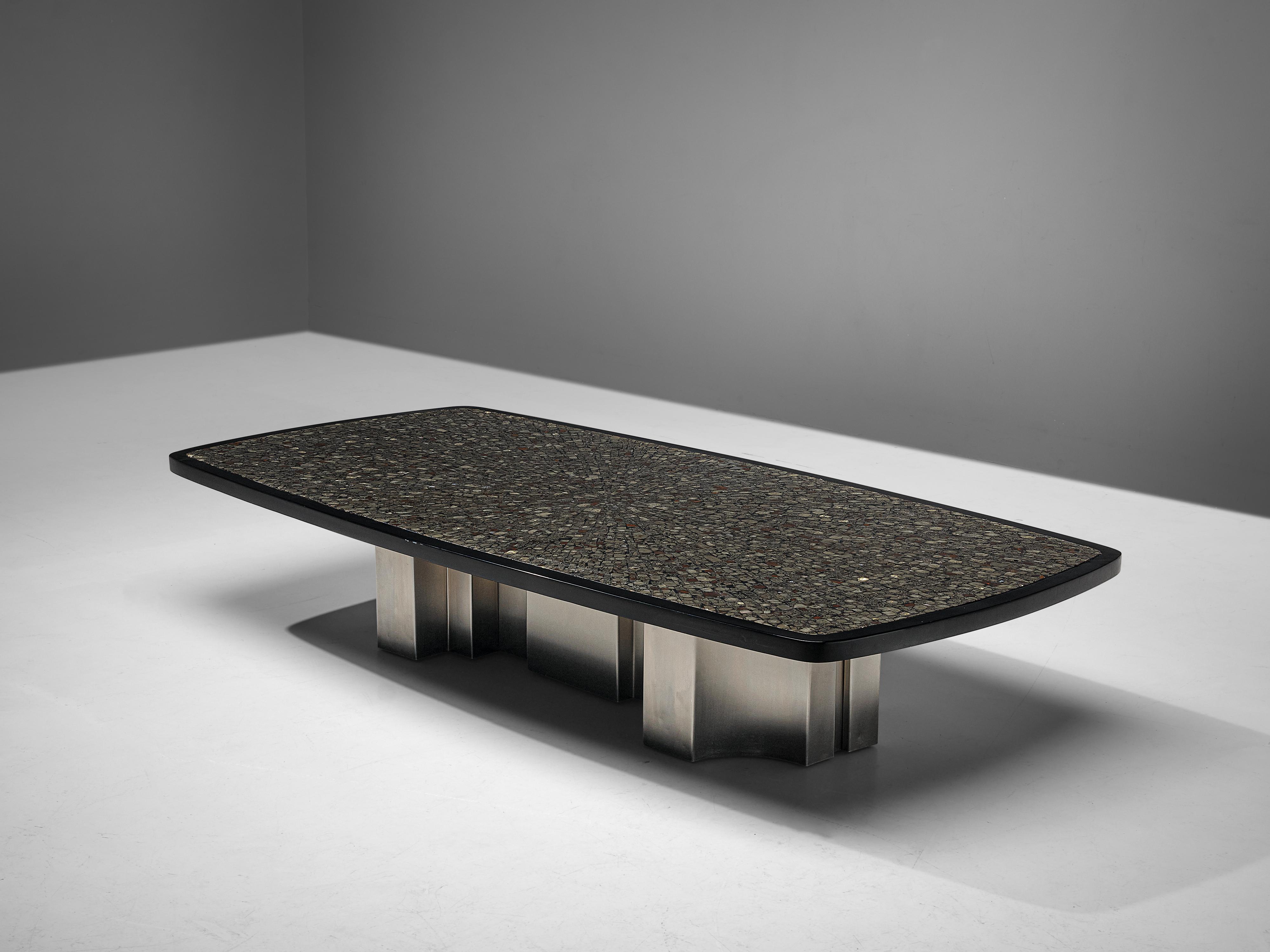 Jean Claude Dresse, large coffee table, marcasite, wood, steel, Belgium, 1970s

This extraordinary piece was crafted with great eye for proportions and detail, typical for the work of Dresse. The luxurious character of the marcasite inlay emphasizes