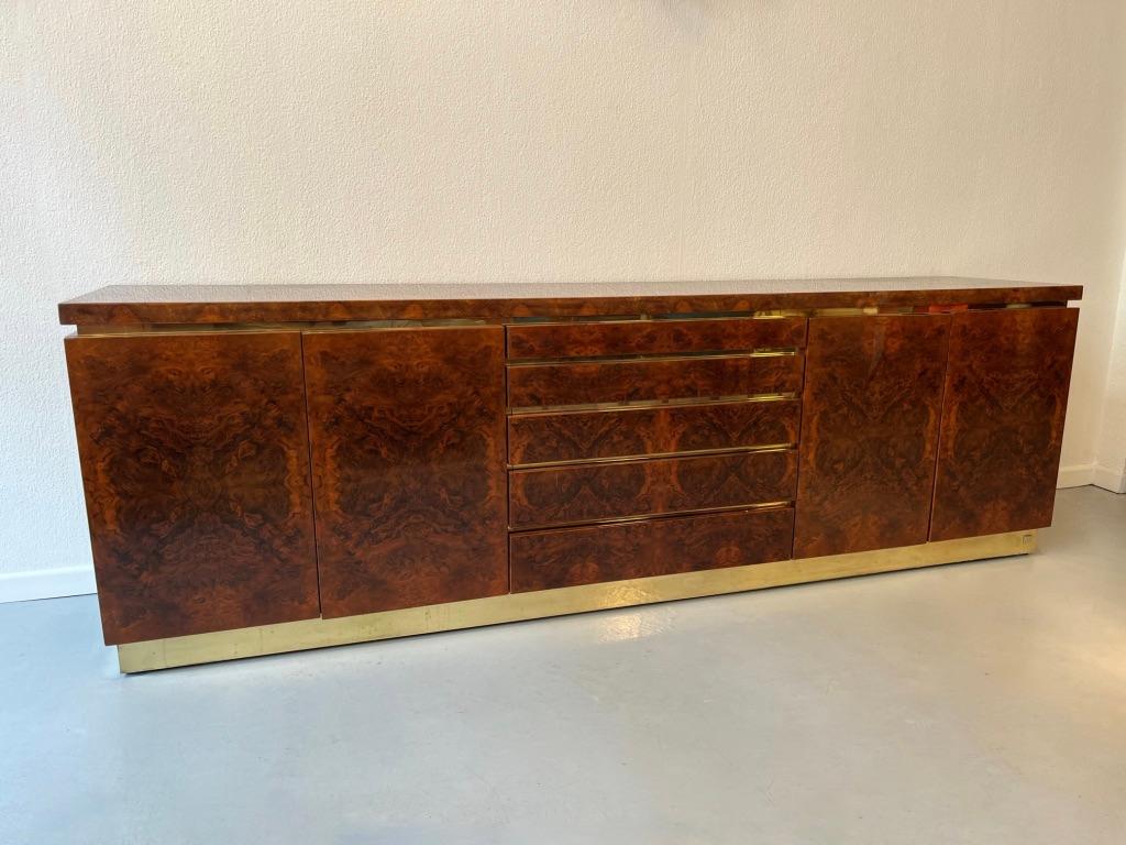 French Large Jean Claude Mahey Burl & Brass Signed Sideboard, France ca. 1970s