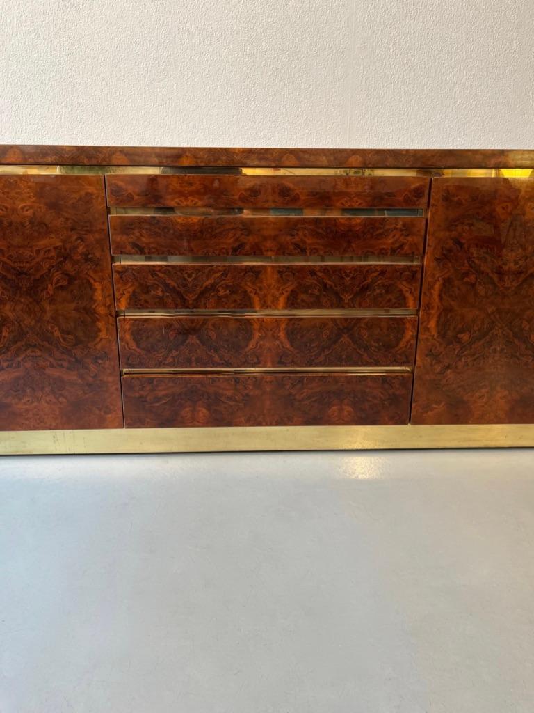 Late 20th Century Large Jean Claude Mahey Burl & Brass Signed Sideboard, France ca. 1970s