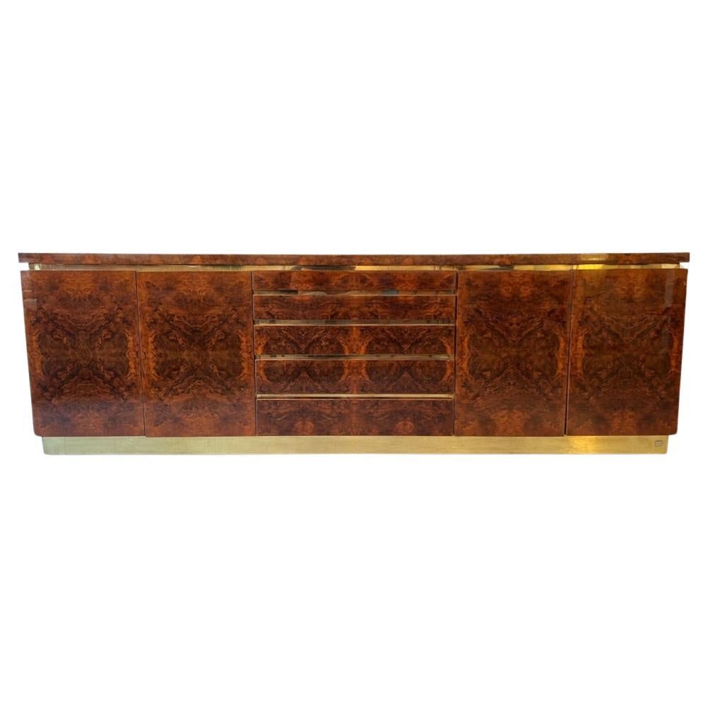 Large Jean Claude Mahey Burl & Brass Signed Sideboard, France ca. 1970s