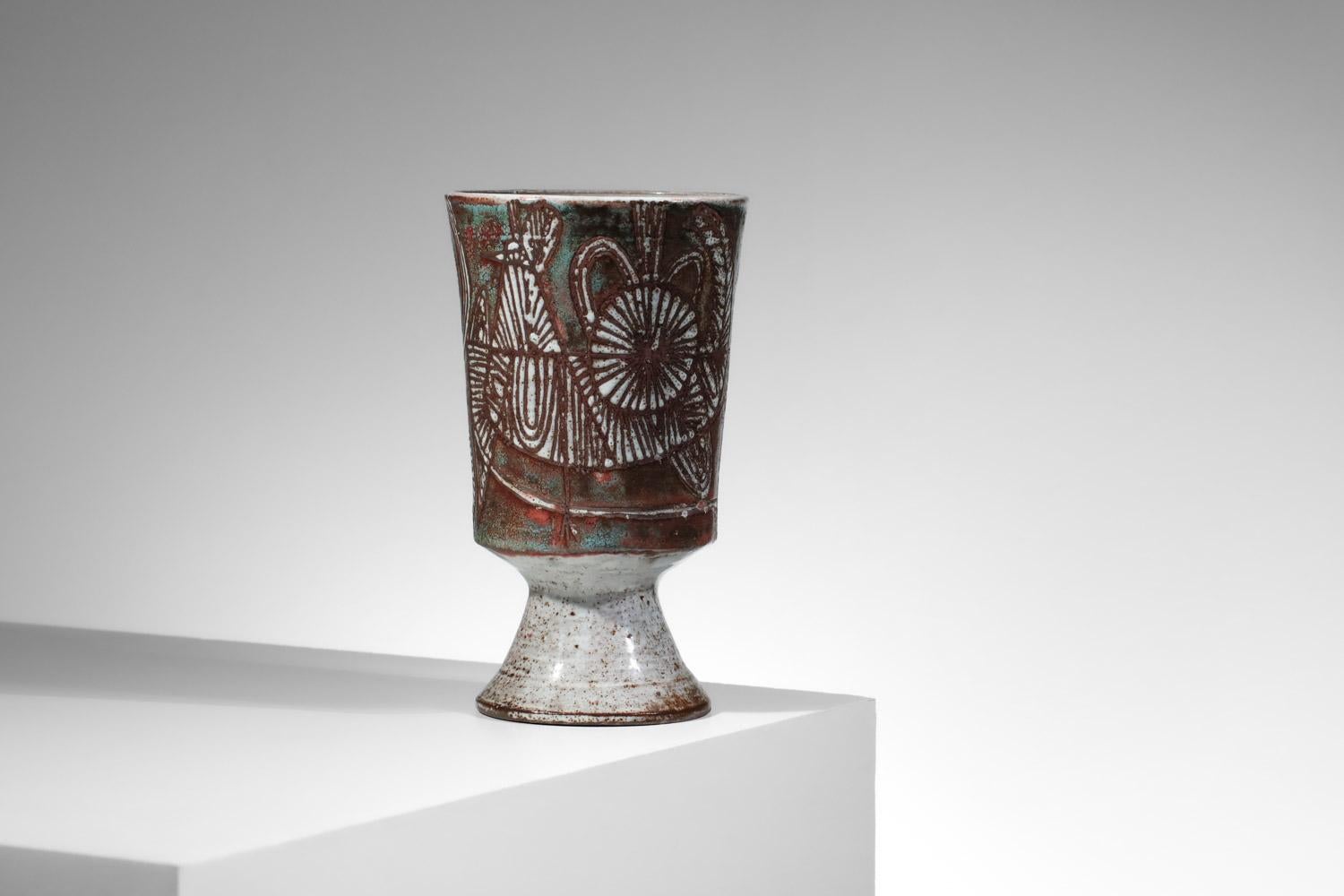 Grand vase en céramique Jean Derval des années 50 avec motif d'oiseaux vallauris Bon état - En vente à Lyon, FR