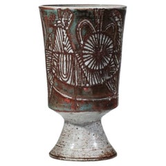 Grand vase en céramique Jean Derval des années 50 avec motif d'oiseaux vallauris