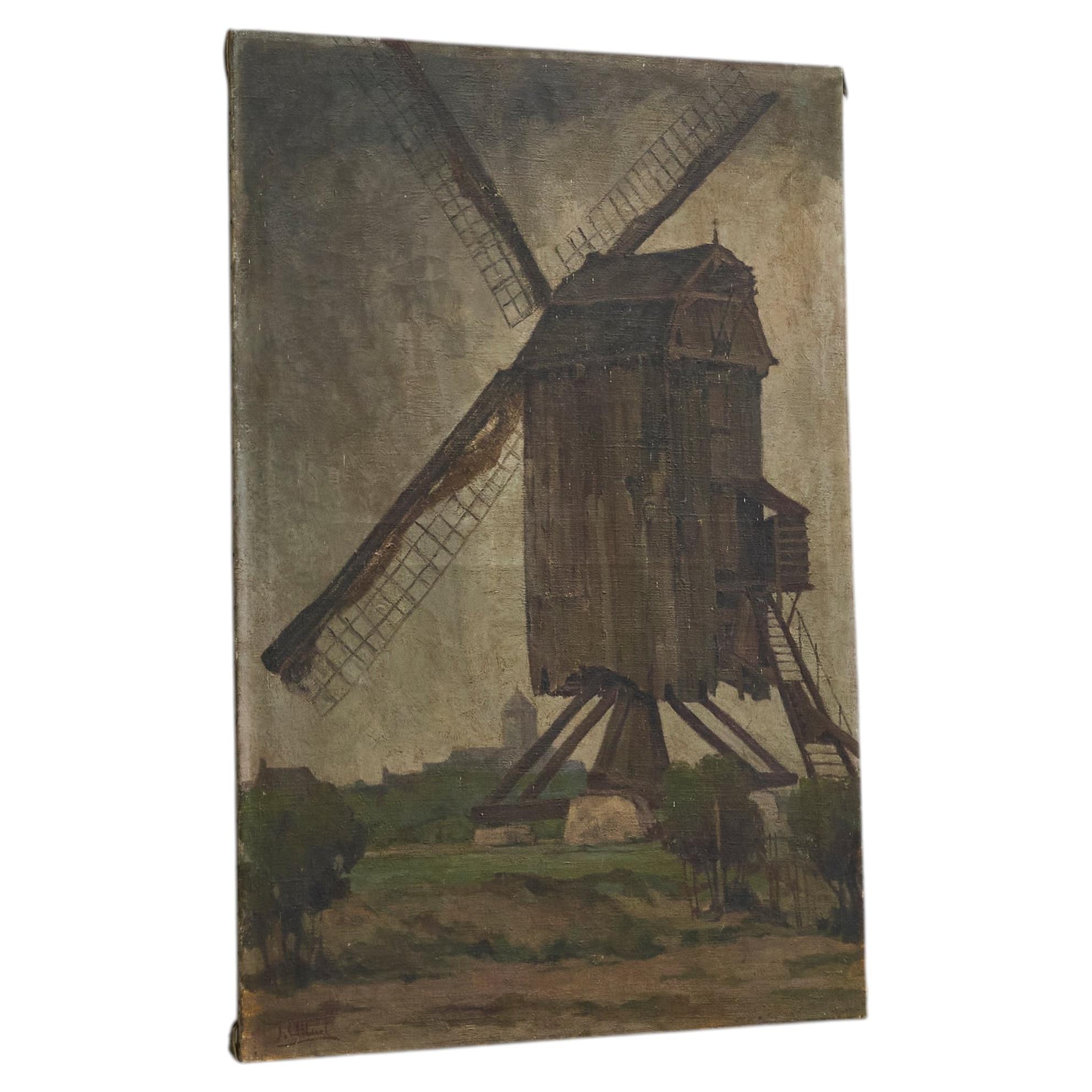 Jean Joseph Allaert 'Windmill in Flanders' Large Oil on Canvas Belgium 1900 For Sale