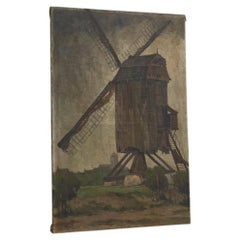 Jean Joseph Allaert 'Windmill in Flanders' Large Oil on Canvas Belgium 1900