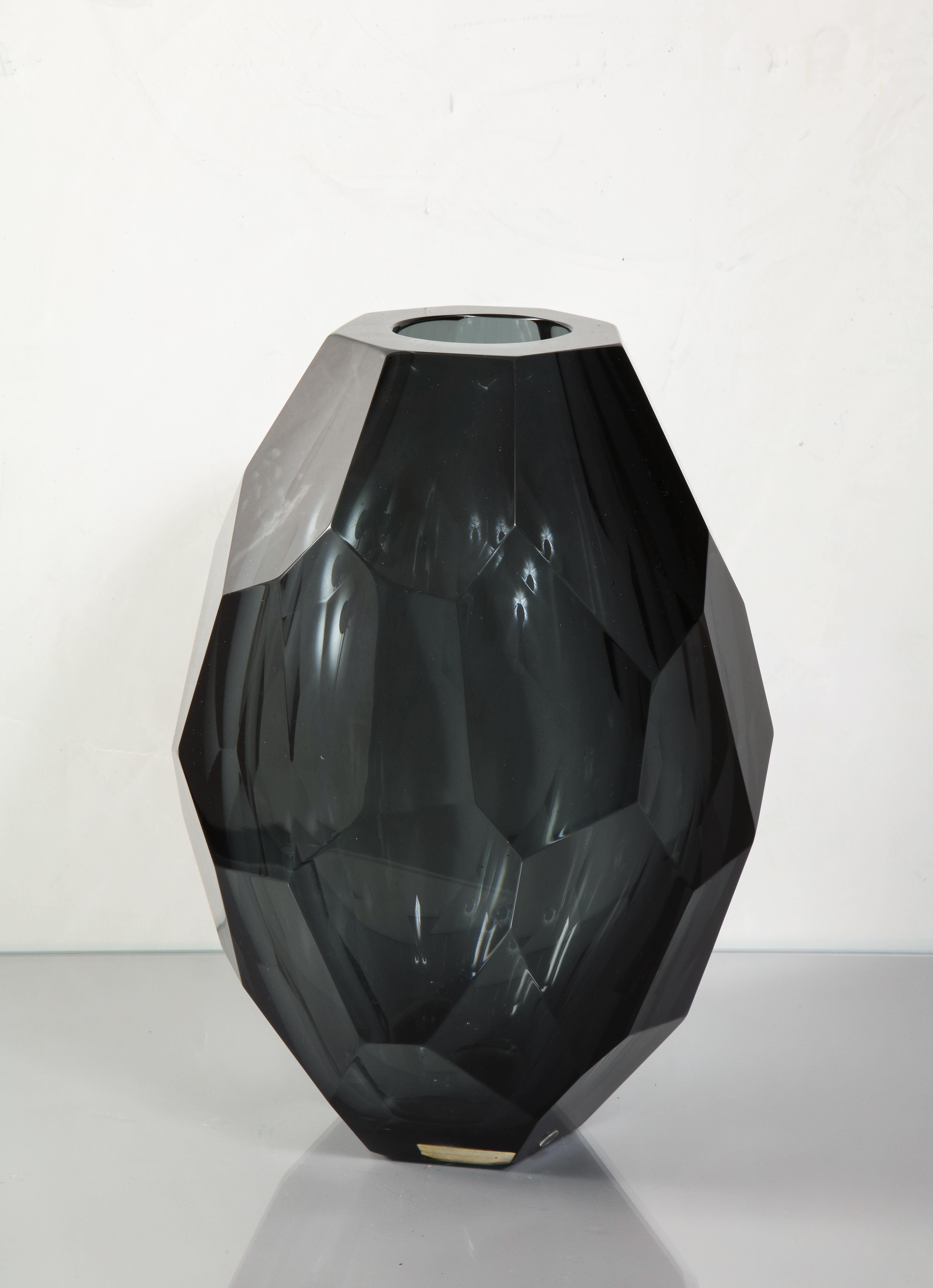 Modern Large Murano Dark Gray Glass Gem Cut Vase  For Sale
