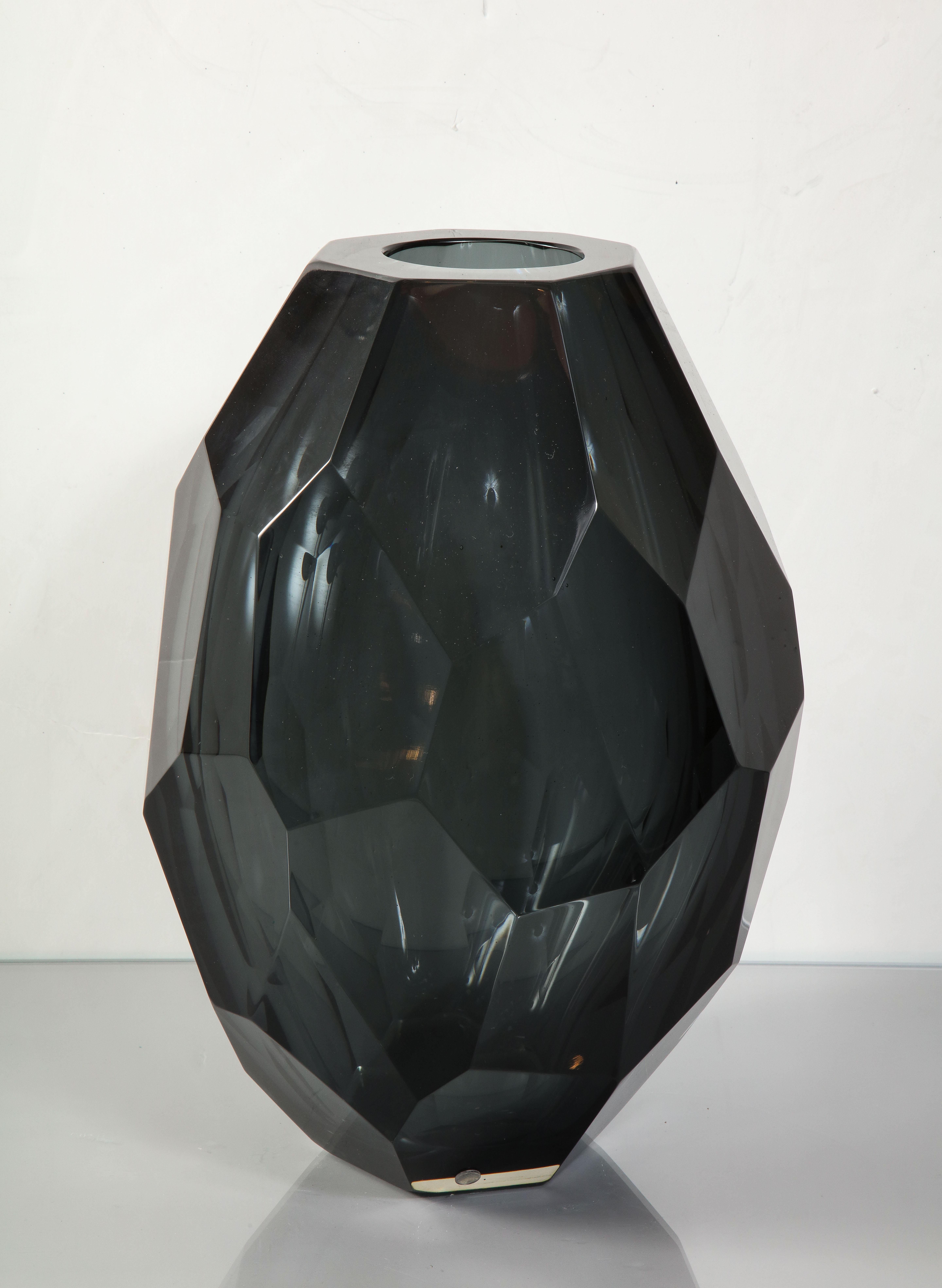 Italian Large Murano Dark Gray Glass Gem Cut Vase  For Sale