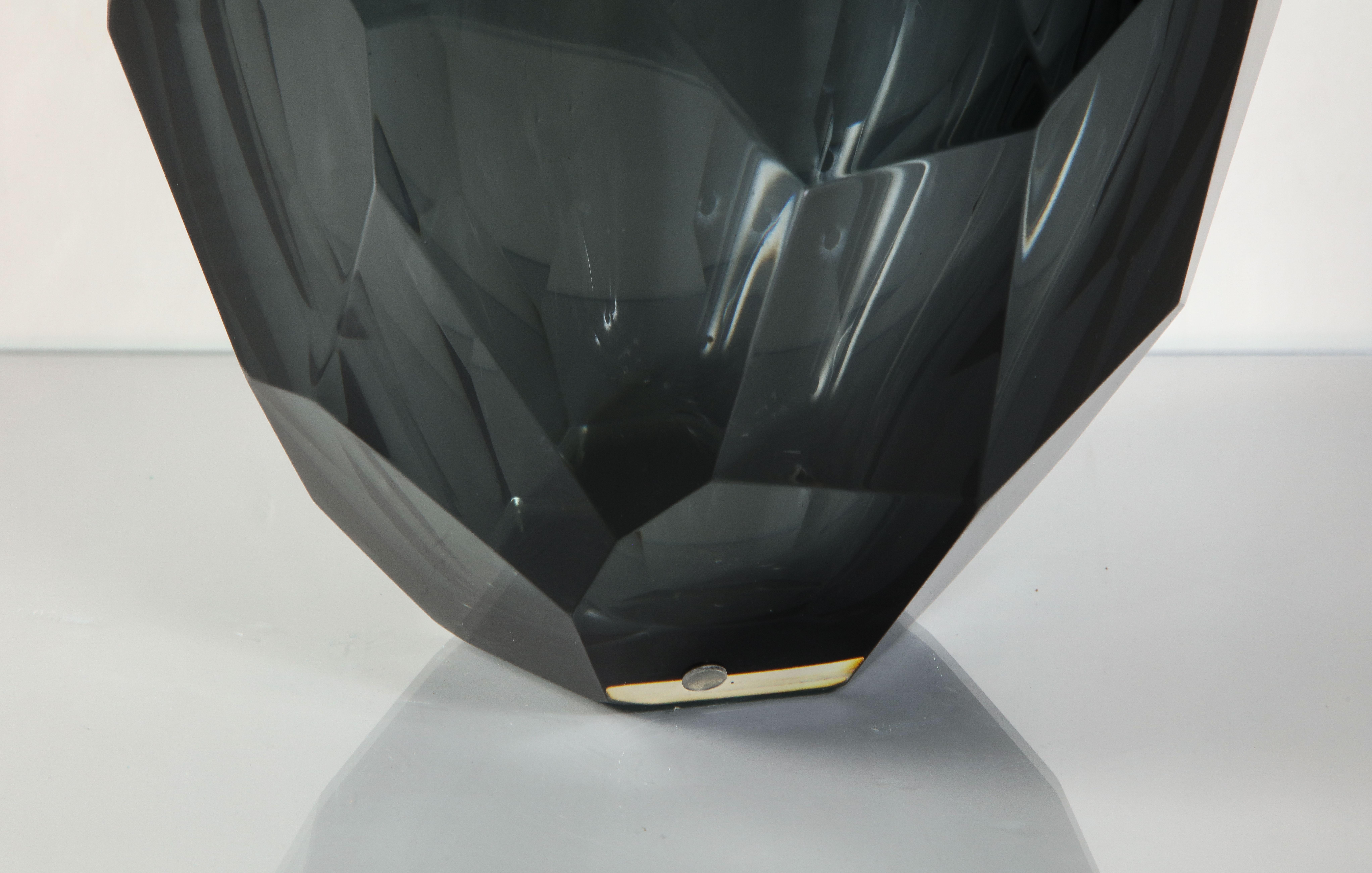Large Murano Dark Gray Glass Gem Cut Vase  In New Condition For Sale In New York, NY