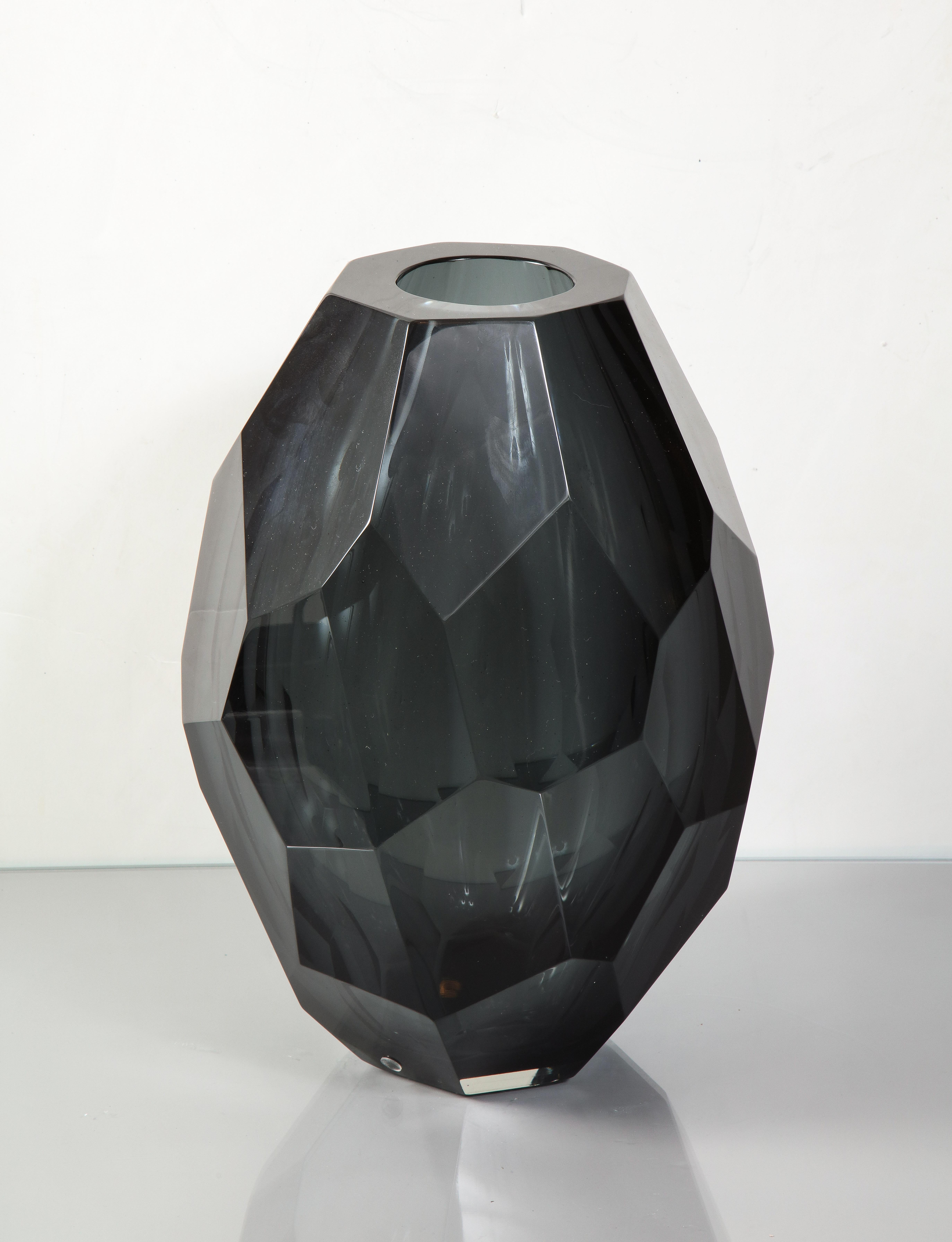 Murano Glass Large Murano Dark Gray Glass Gem Cut Vase  For Sale
