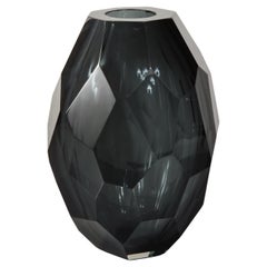 Large Murano Dark Gray Glass Gem Cut Vase 