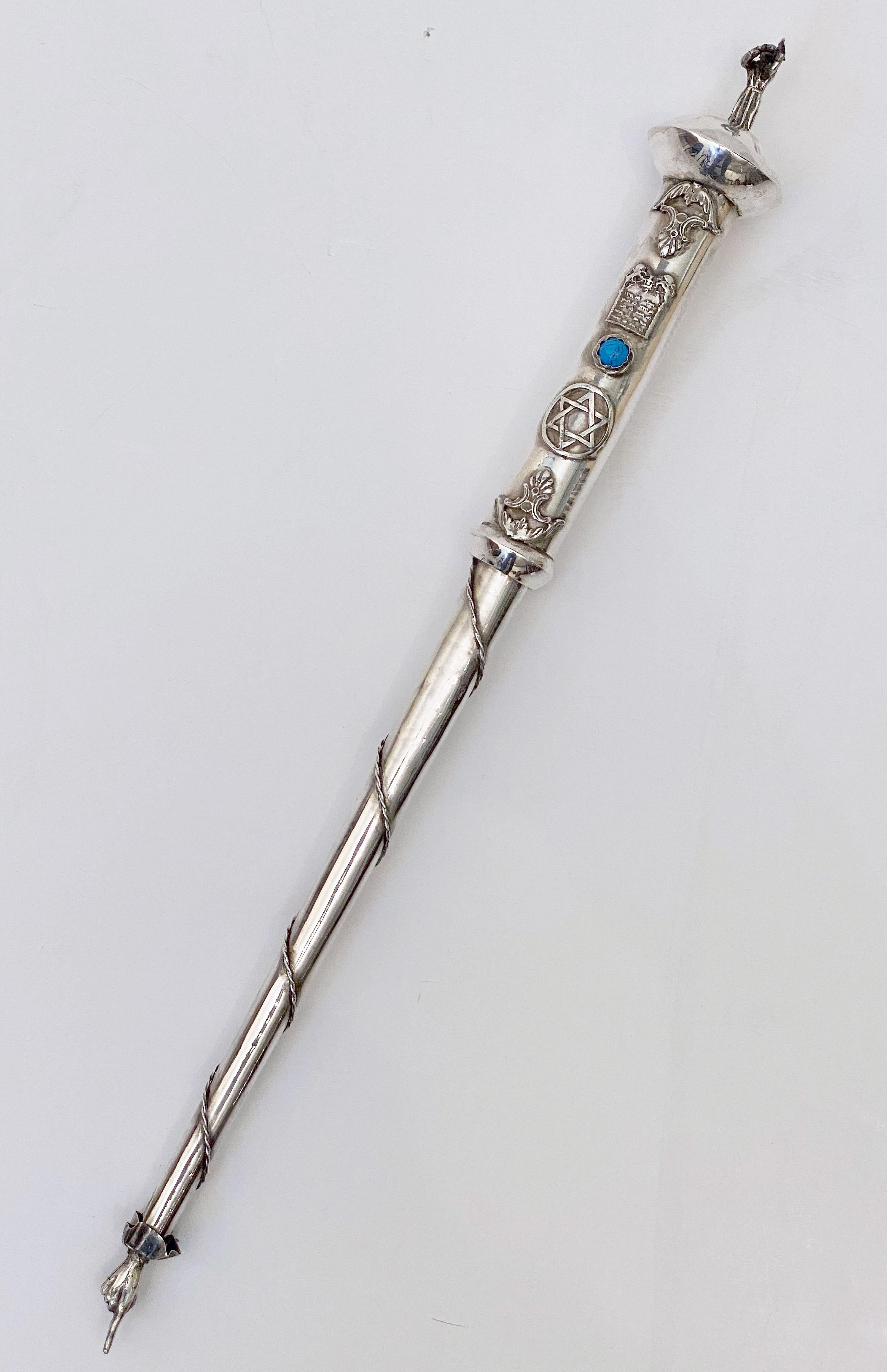 Large Jewish Yad or Torah Pointer of Silver with Inset Stone and Star of David In Good Condition In Austin, TX