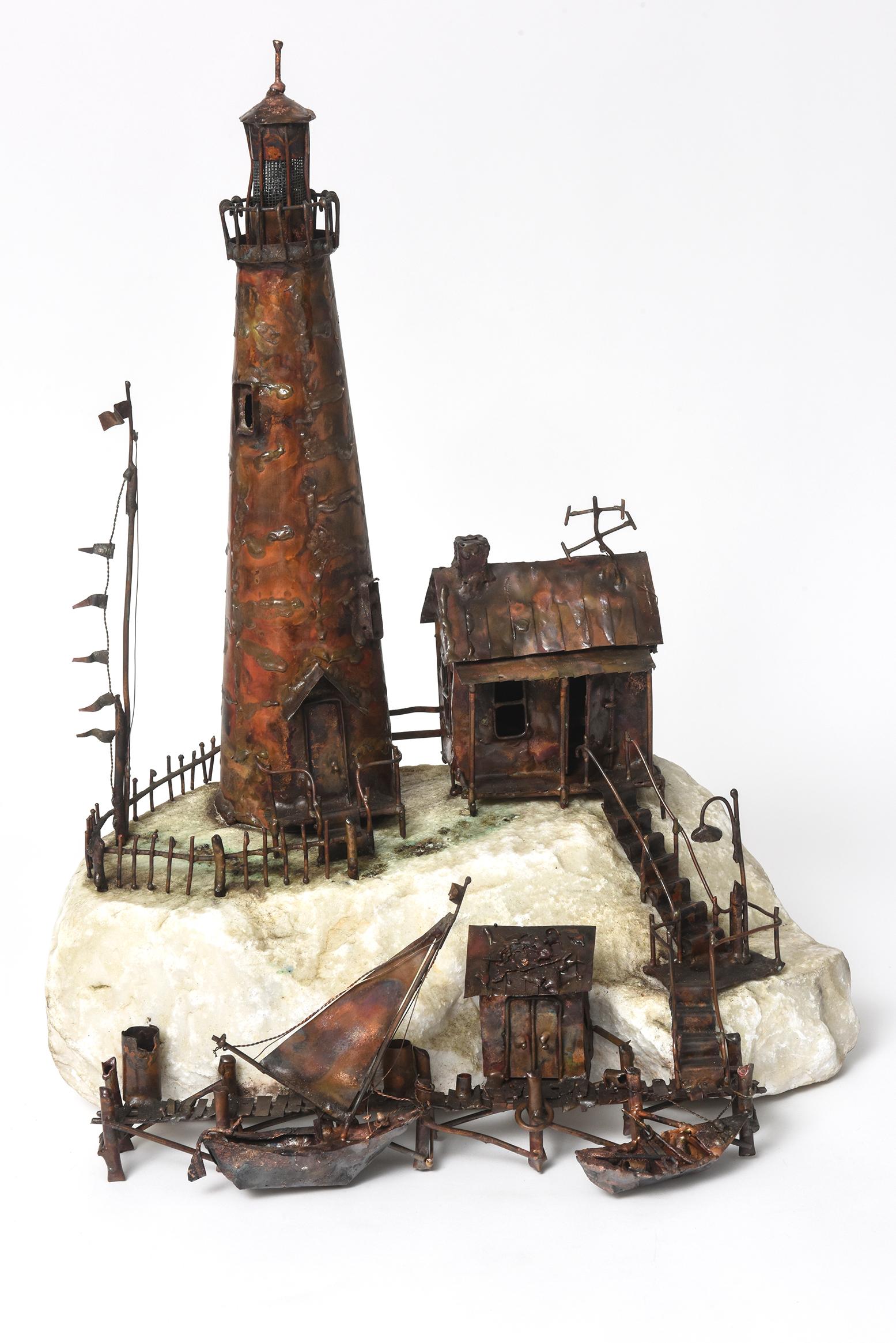 Jim Lewk Fishermen's Lighthouse House Coral Rock and Copper Nautical Sculpture Folk Art.

Reminiscent of seaside lifestyle, this Jim Lewk copper sculpture features house resting on a coral rocky cliff. The House has a stairwell leading down to the