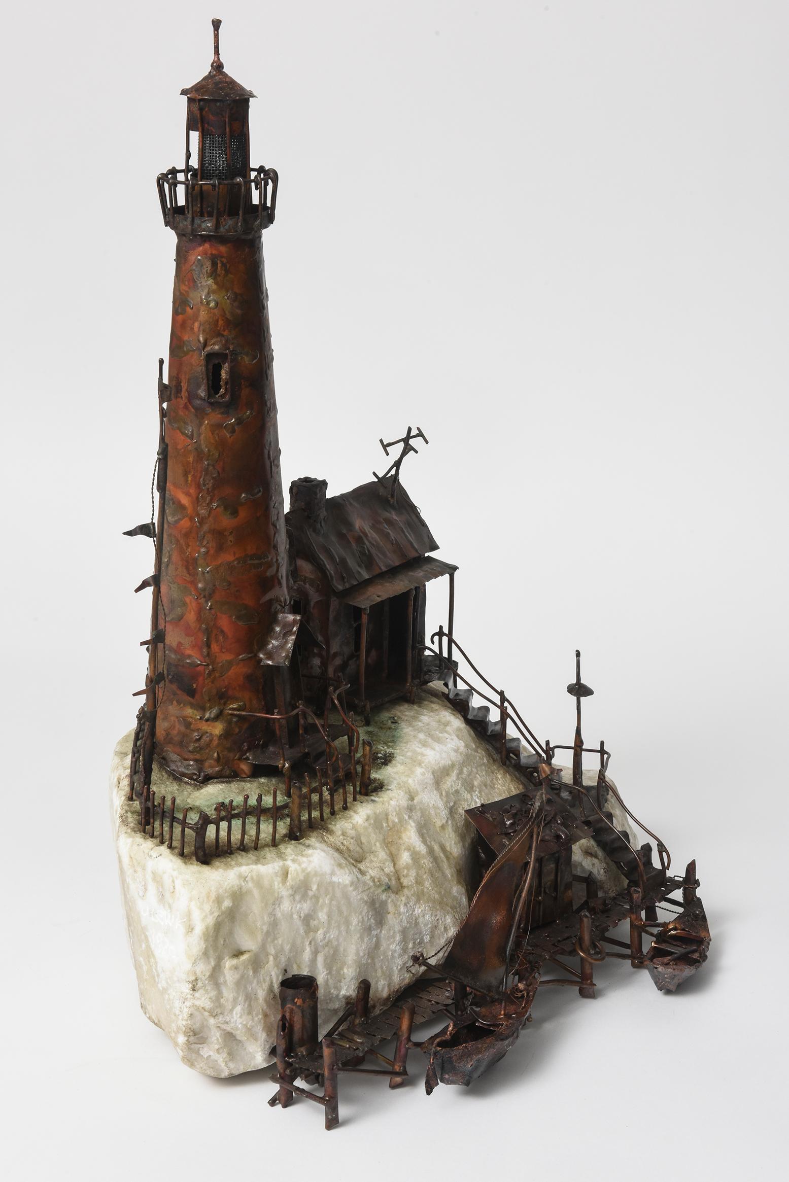 Large Jim Lewk Fishermen's Nautical Lighthouse Boat Coral Copper Sculpture 1