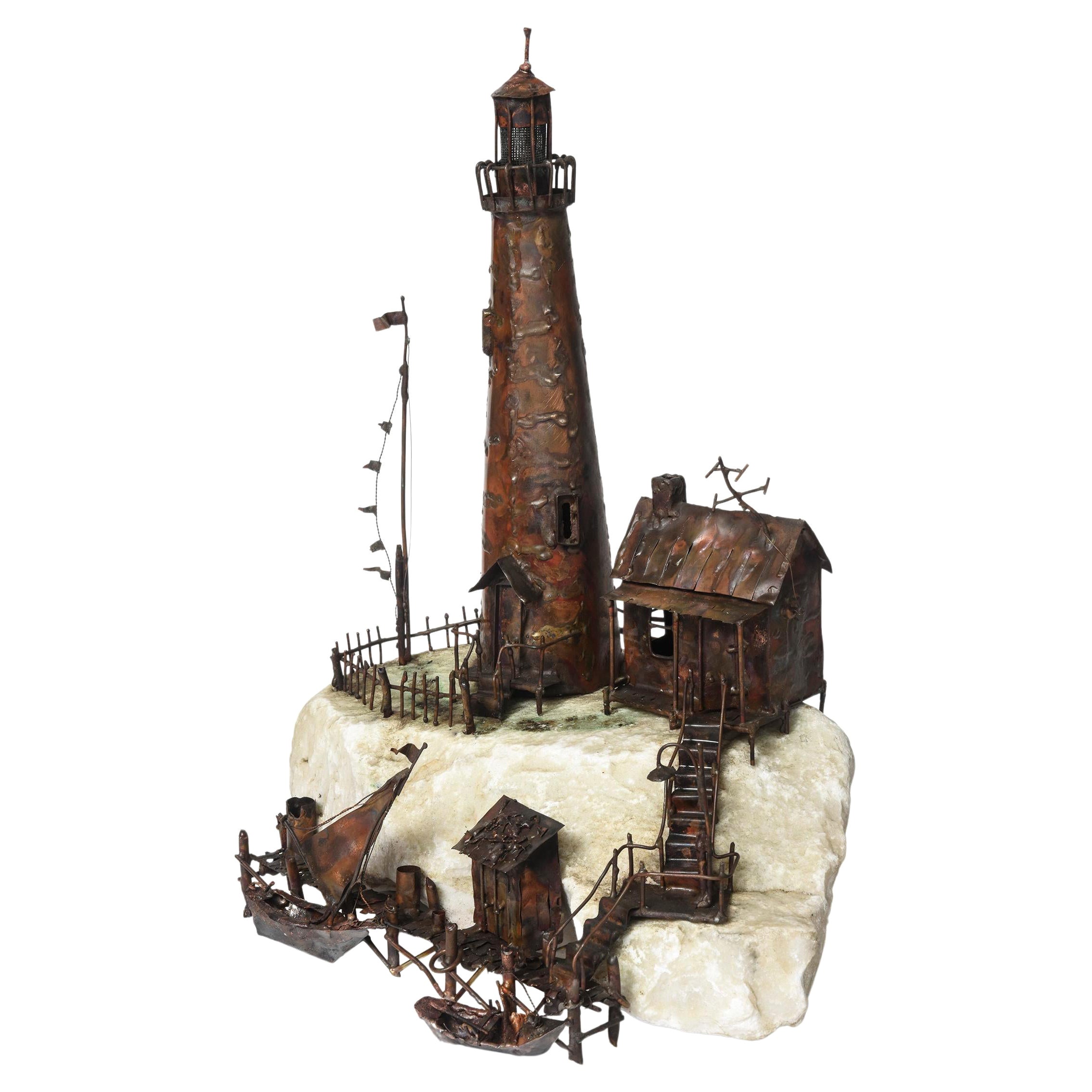Large Jim Lewk Fishermen's Nautical Lighthouse Boat Coral Copper Sculpture