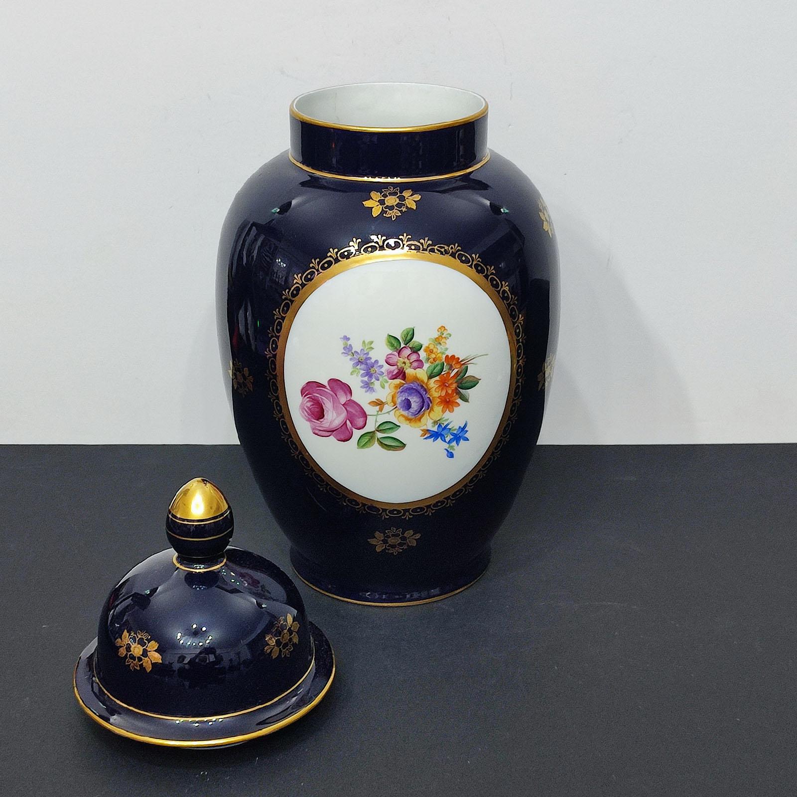German Large Jlmenau Porcelain Lidded Jar and a Hutschenreuter Sugar Bowl with Putto For Sale
