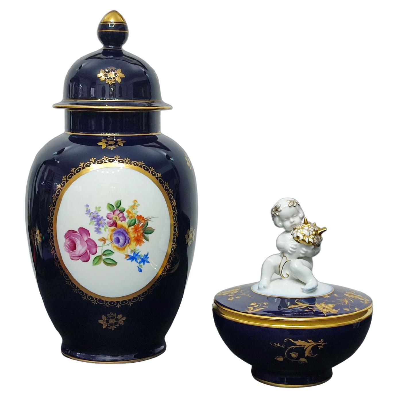 Large Jlmenau Porcelain Lidded Jar and a Hutschenreuter Sugar Bowl with Putto For Sale