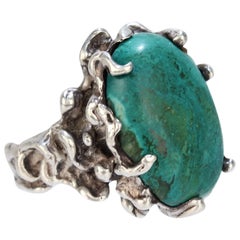 Large Joe Dean Brutalist Sterling Silver and Turquoise Cocktail Ring, 1970s