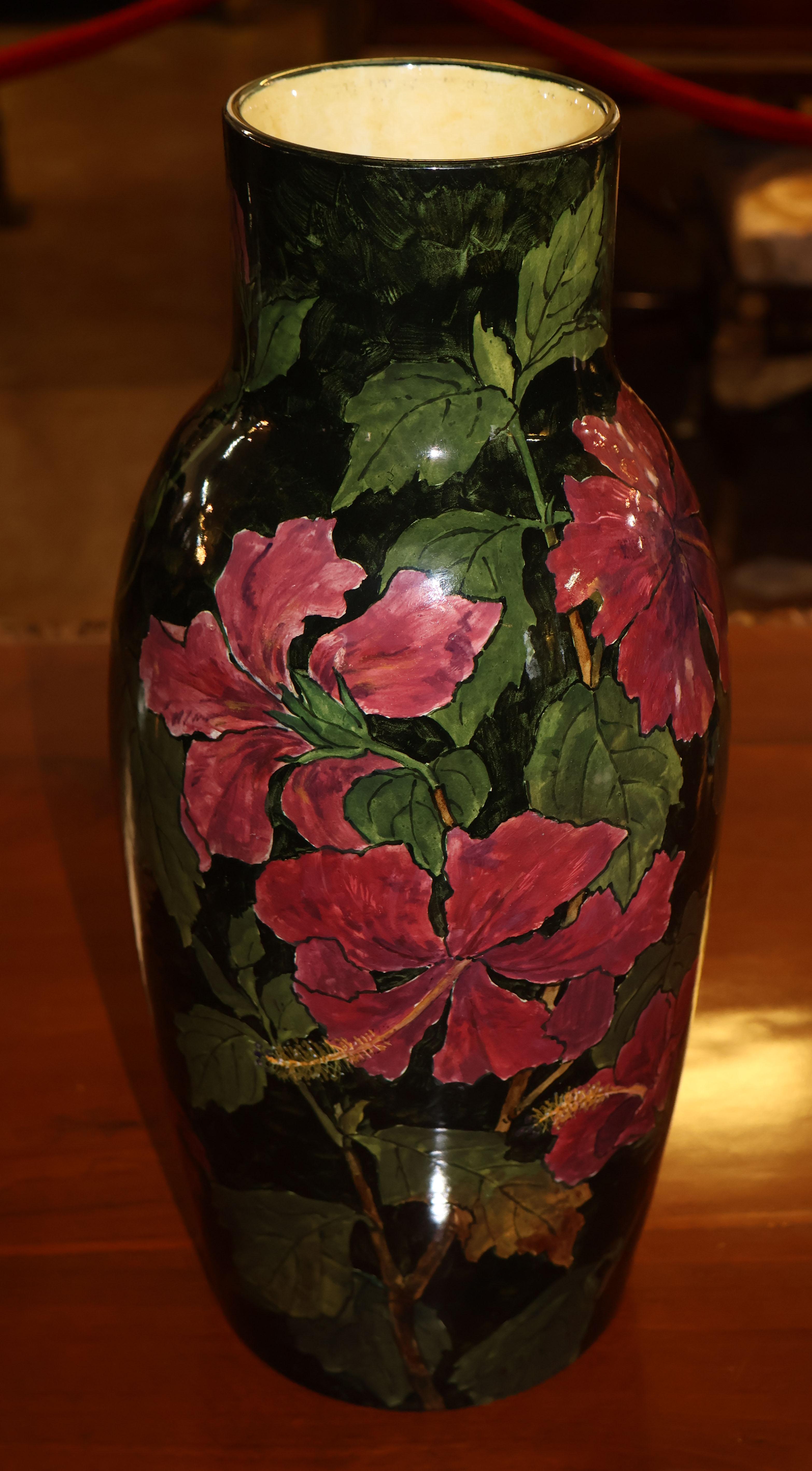 Aesthetic Movement Large John Bennett Hibiscus Painted and Glazed Earthenware Vase Circa 1880 For Sale