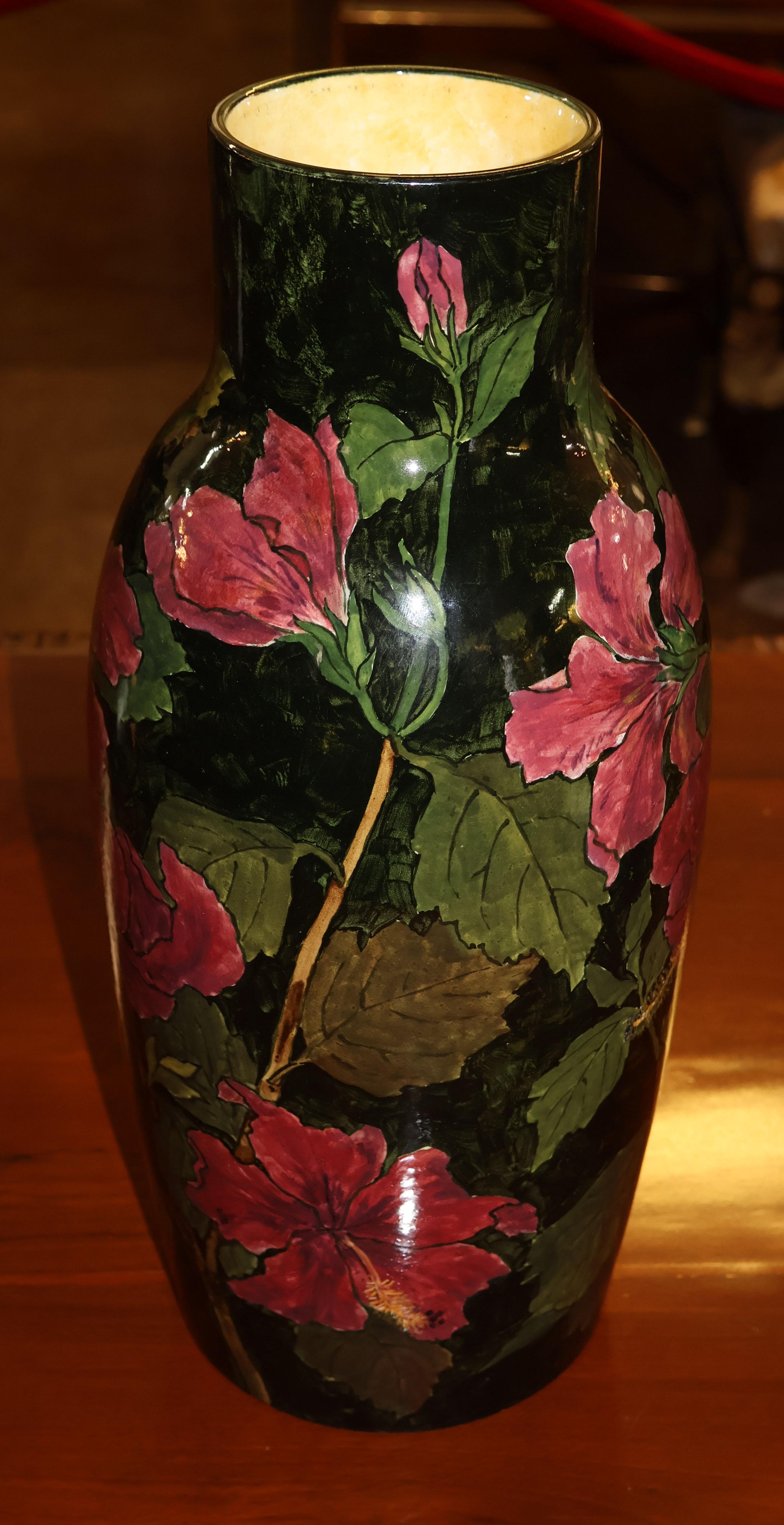 American Large John Bennett Hibiscus Painted and Glazed Earthenware Vase Circa 1880 For Sale