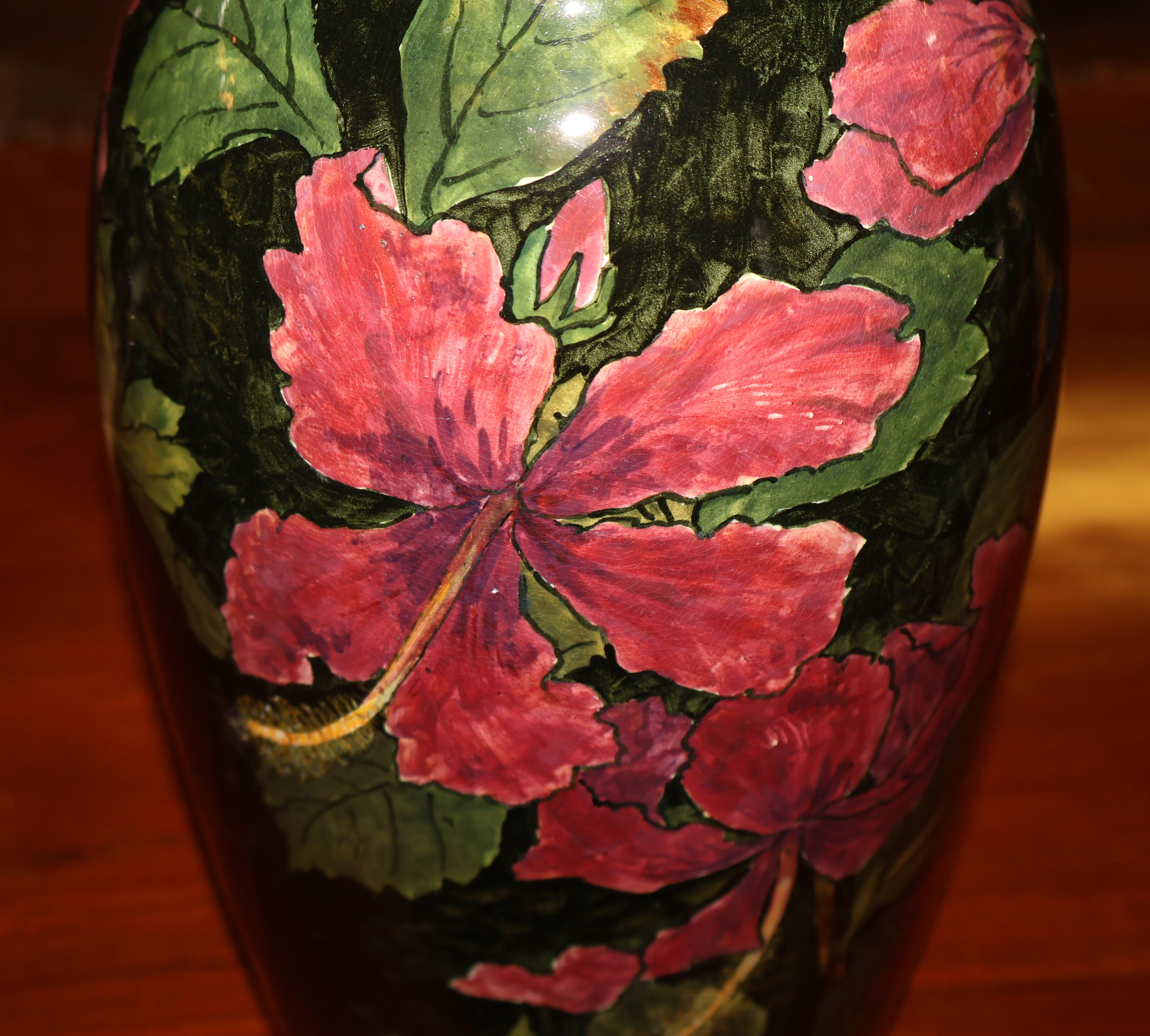 Pottery Large John Bennett Hibiscus Painted and Glazed Earthenware Vase Circa 1880 For Sale