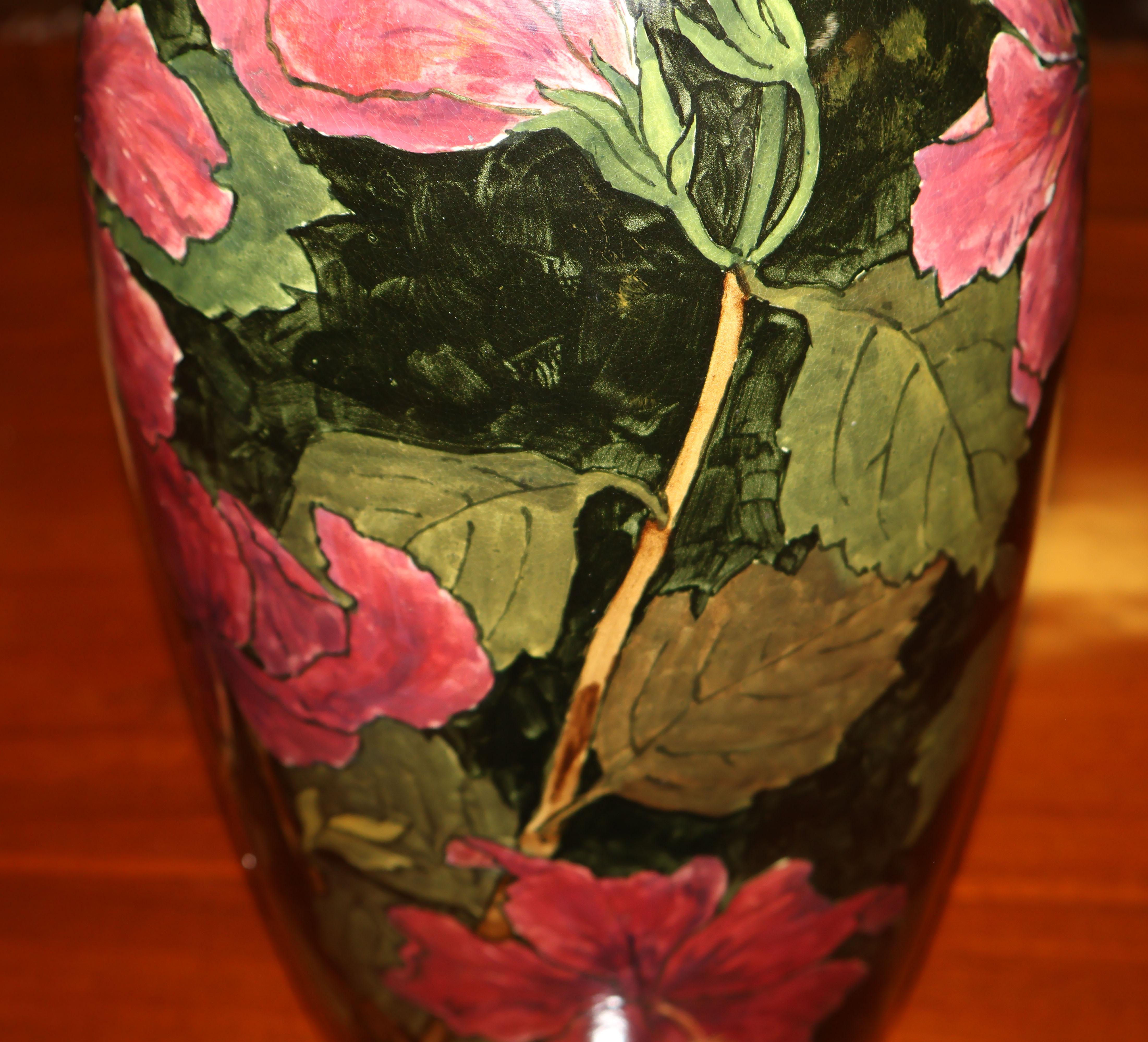 Large John Bennett Hibiscus Painted and Glazed Earthenware Vase Circa 1880 For Sale 1