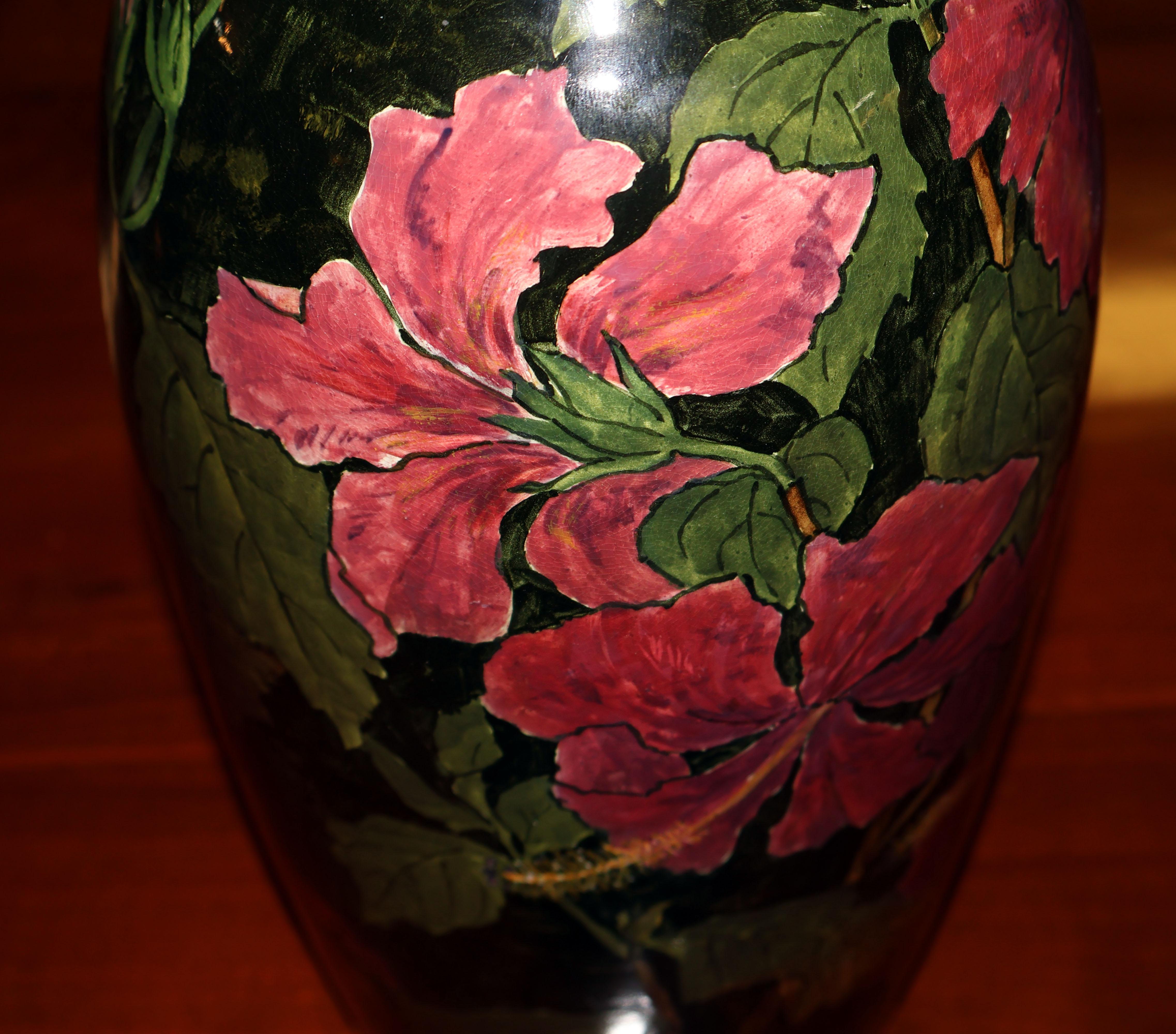 Large John Bennett Hibiscus Painted and Glazed Earthenware Vase Circa 1880 For Sale 2