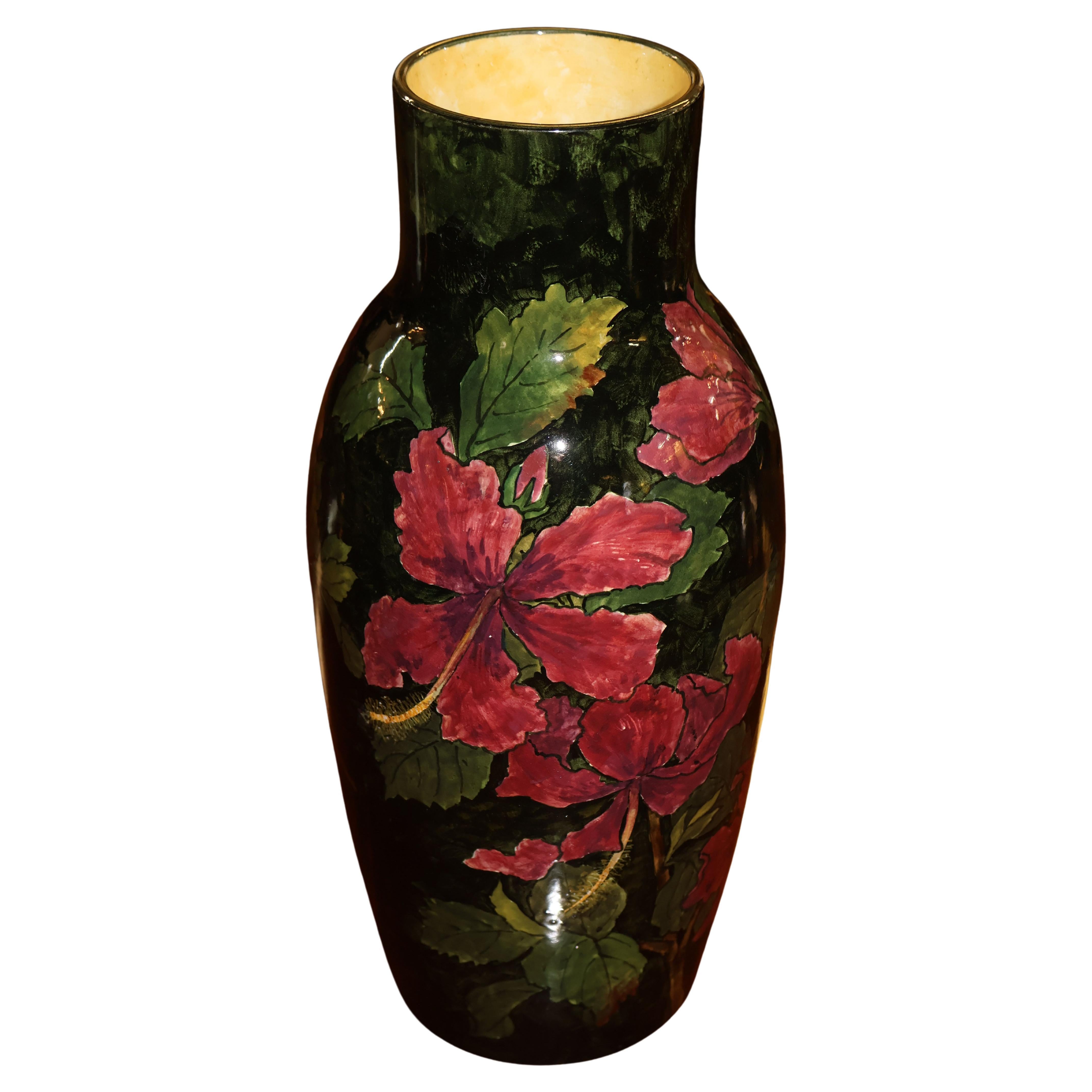 Large John Bennett Hibiscus Painted and Glazed Earthenware Vase Circa 1880 For Sale