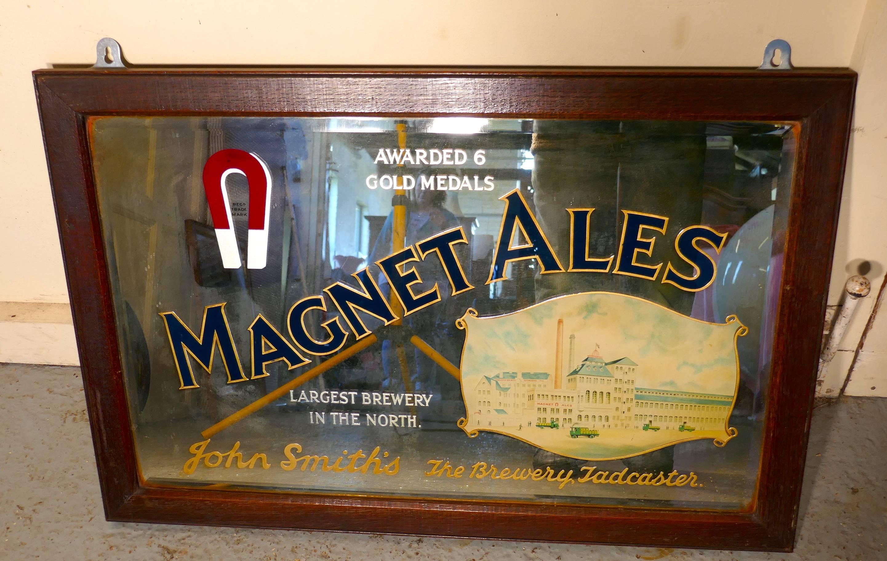 A large John Smith’s advertising mirror, pub mirror for Magnet Ales

This is wonderful pictorial advertising mirror, advertising “The largest Brewery in the North” (Tadcaster)
The mirror proudly announced six gold medals and has a picture of the
