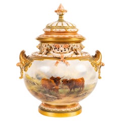 Large John Stinton Worcester Lidded Vase, with Highland Cattle