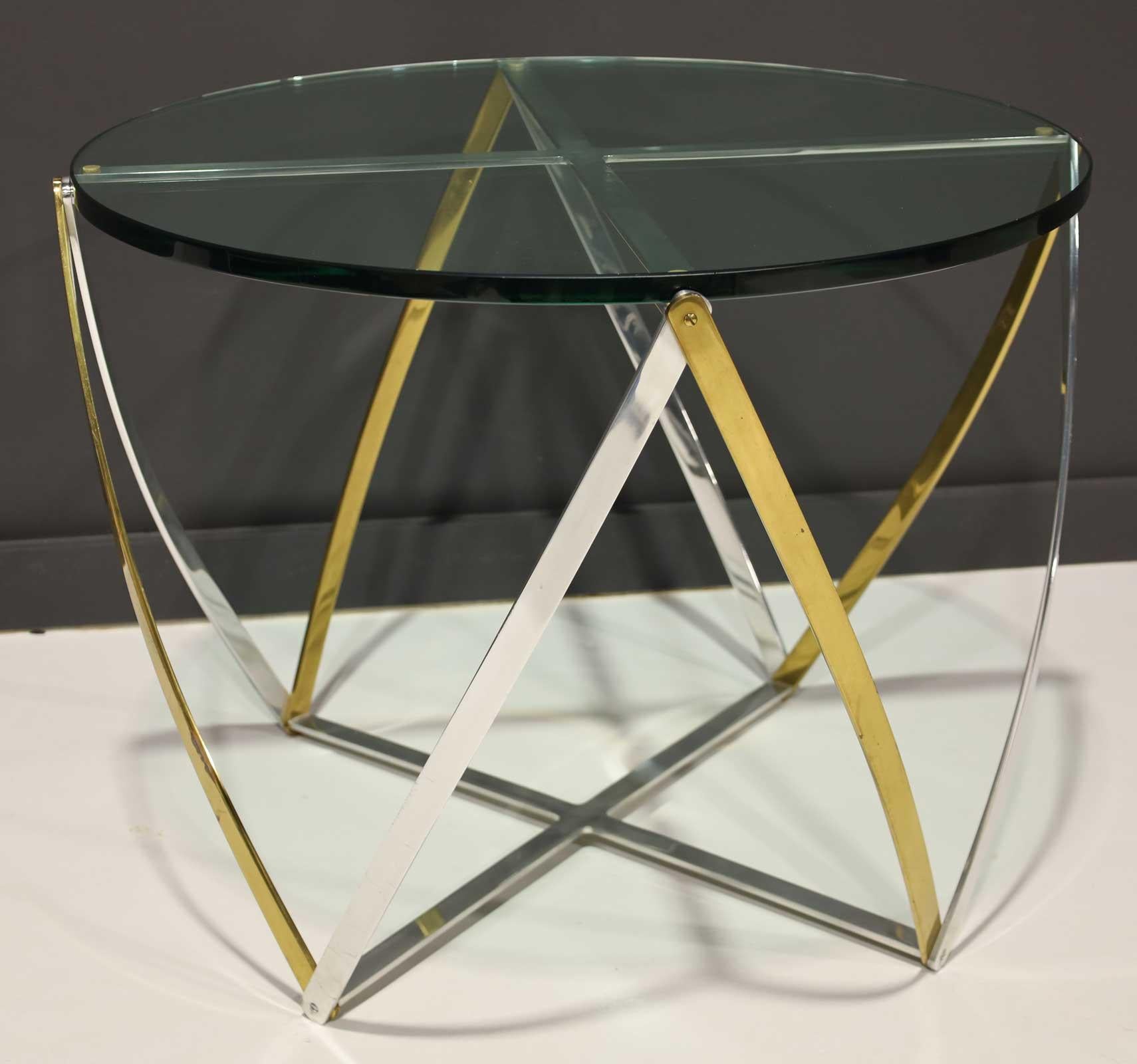 North American Large John Vesey Brass and Brushed Aluminum Table 1970s, Glass Top For Sale