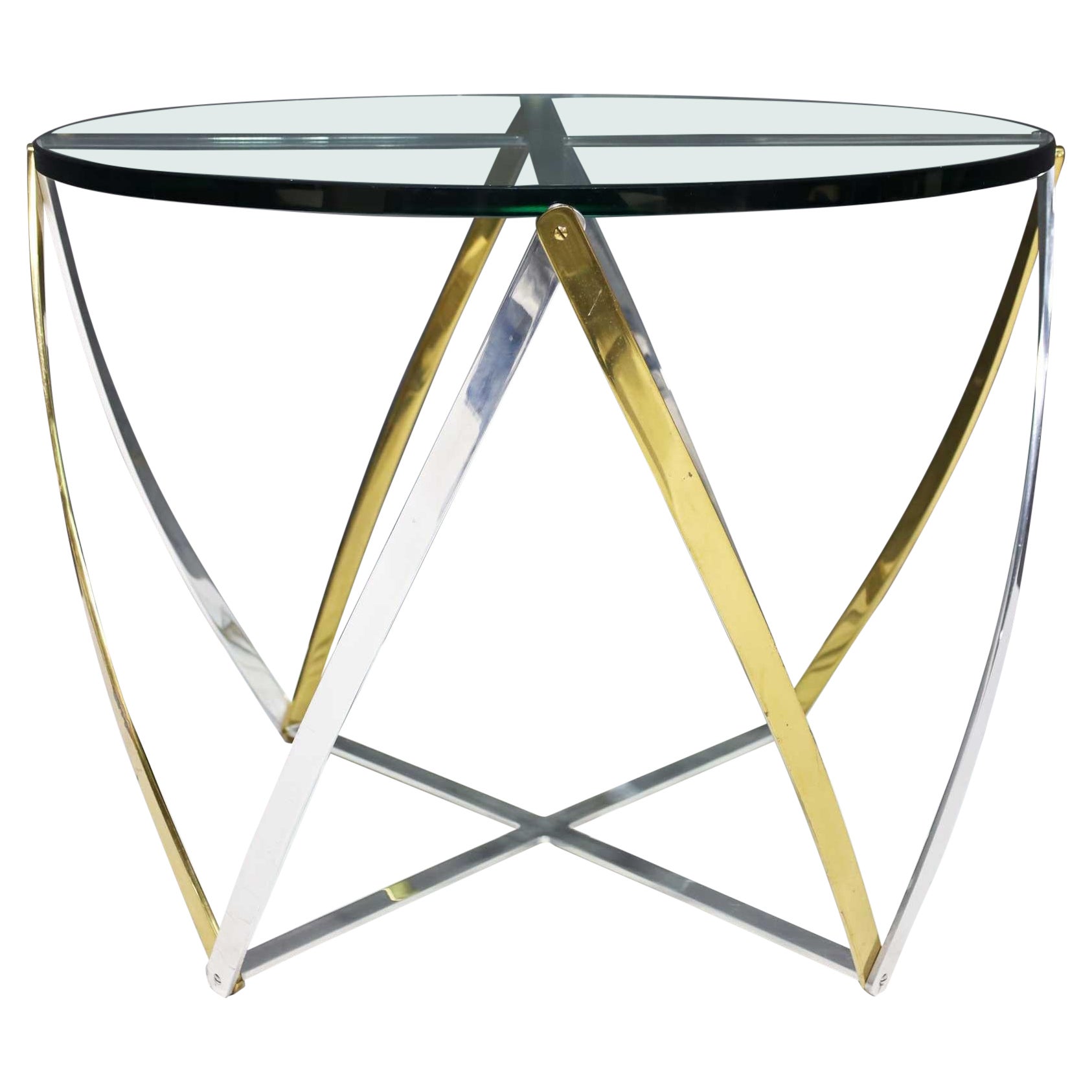 Grande table John Vesey en laiton et aluminium brossé des années 1970, plateau en verre