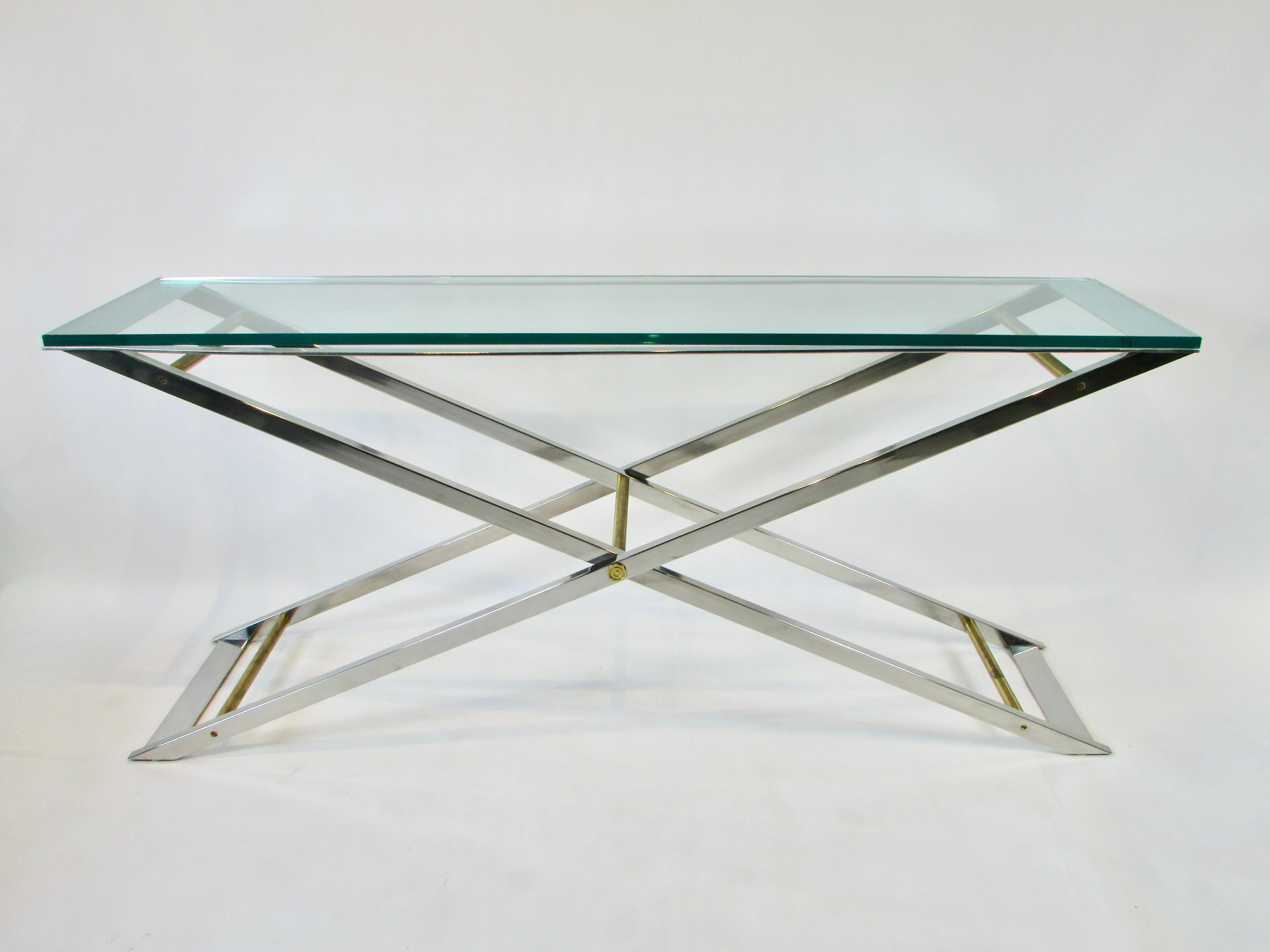 Mid-Century Modern Large John Vesey Style x Frame Polished Chrome and Brass Console or Sofa Table For Sale