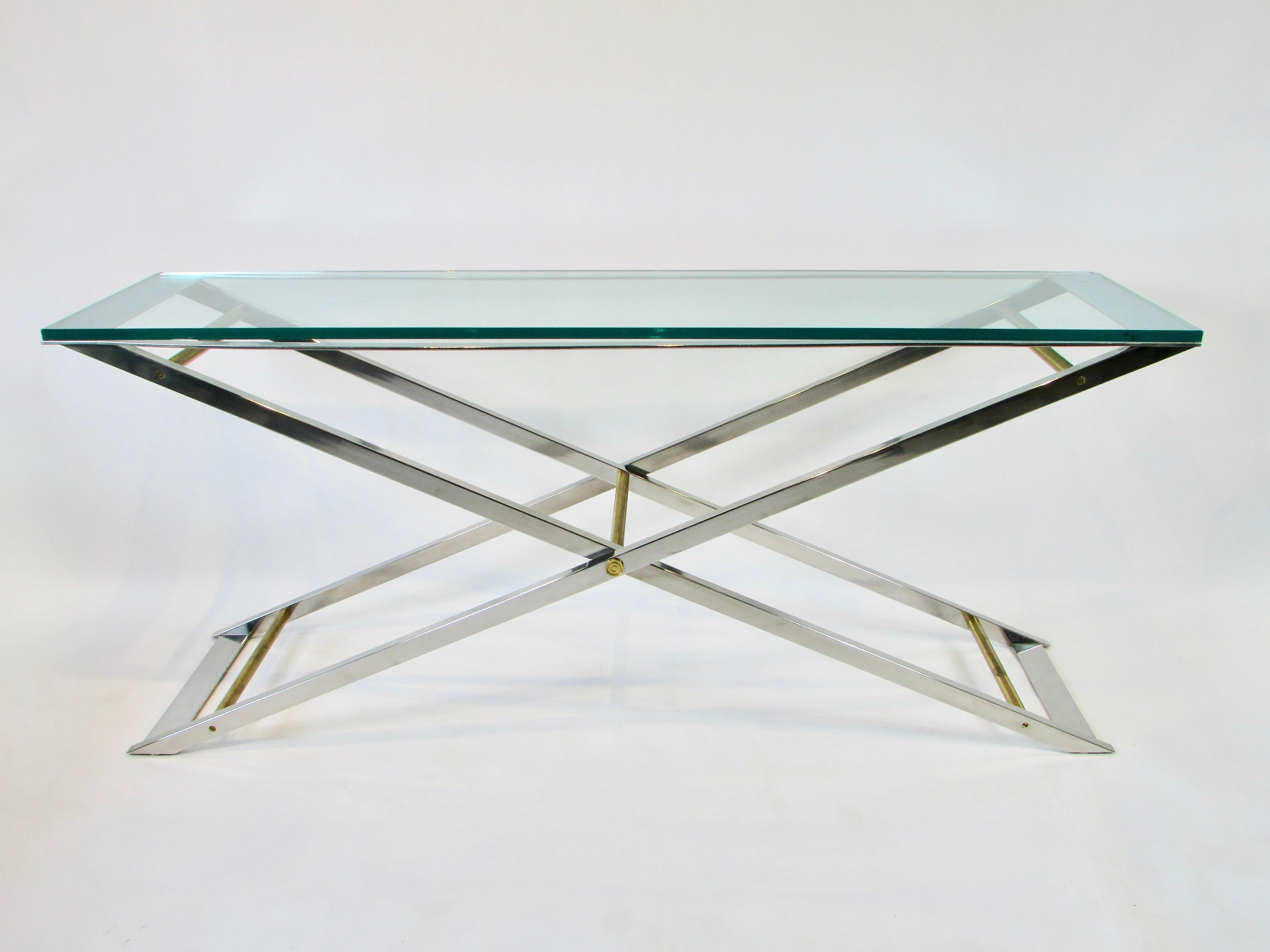 Large John Vesey Style x Frame Polished Chrome and Brass Console or Sofa Table In Good Condition For Sale In Ferndale, MI