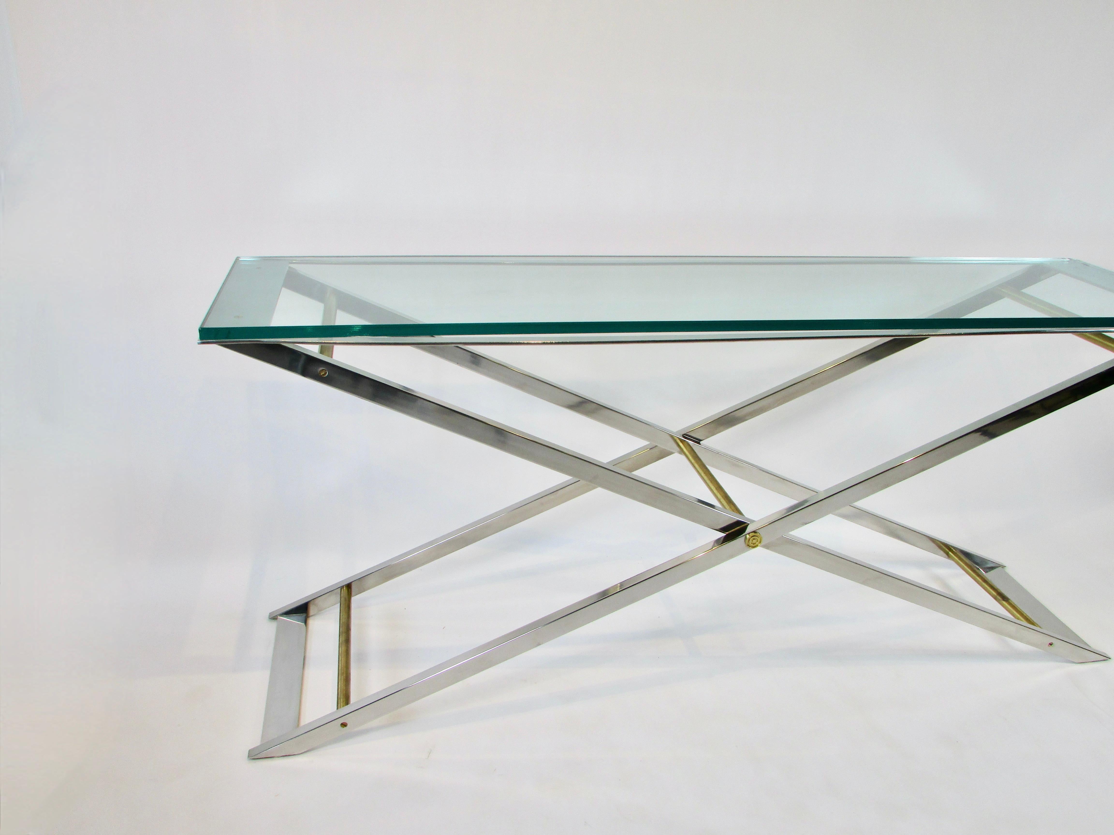 20th Century Large John Vesey Style x Frame Polished Chrome and Brass Console or Sofa Table