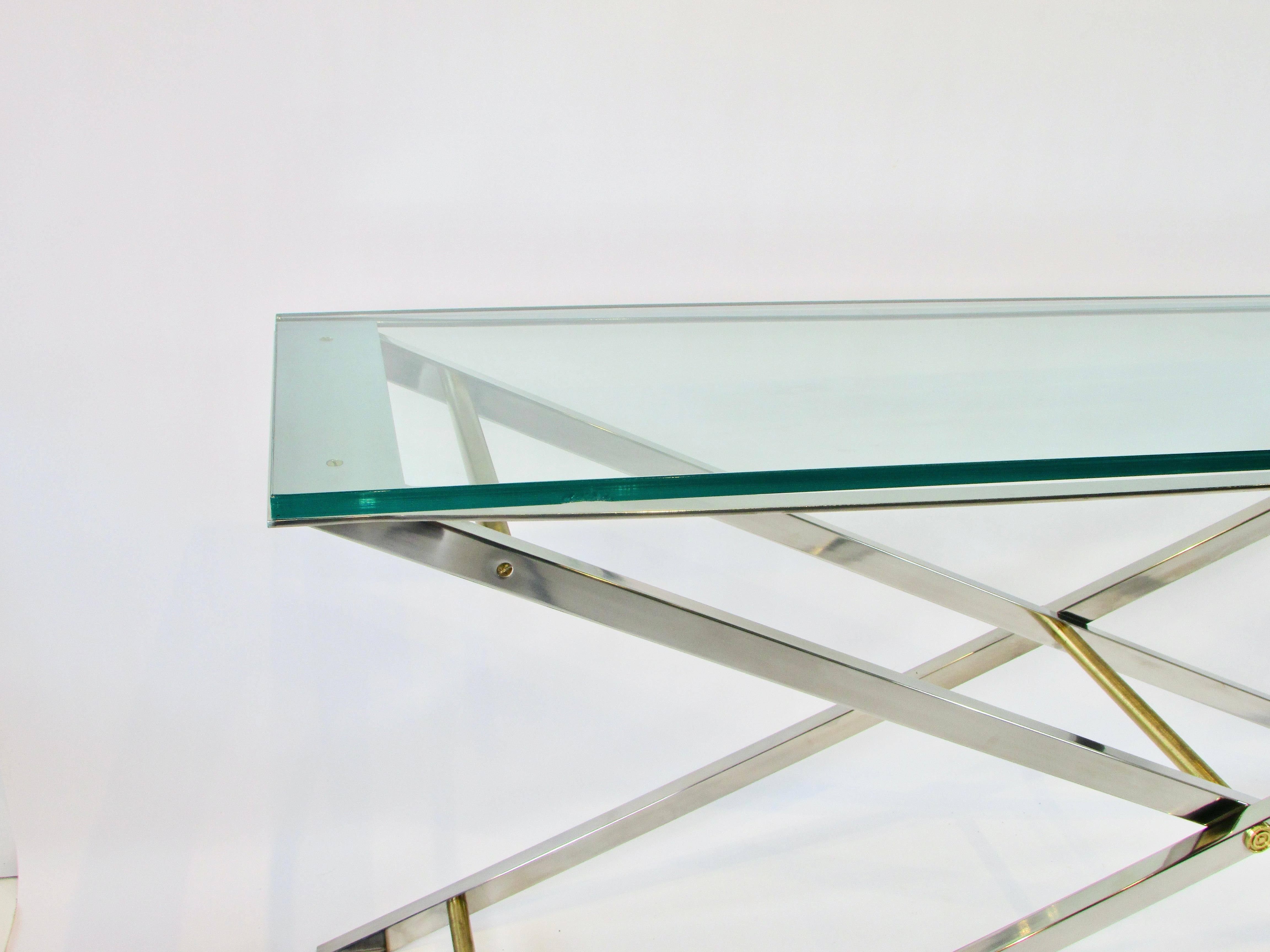 Aluminum Large John Vesey Style x Frame Polished Chrome and Brass Console or Sofa Table For Sale