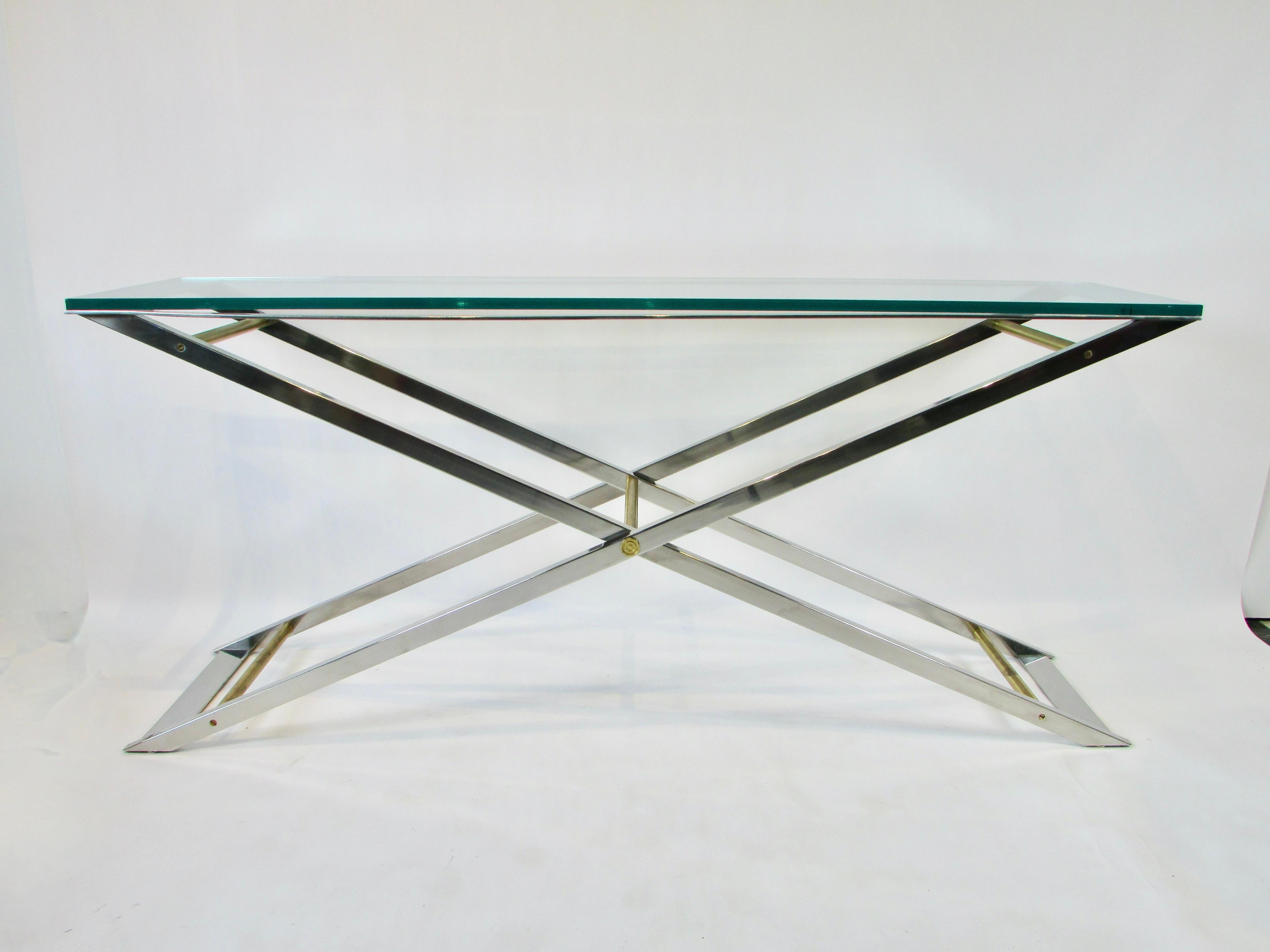 Large John Vesey Style x Frame Polished Chrome and Brass Console or Sofa Table For Sale 1