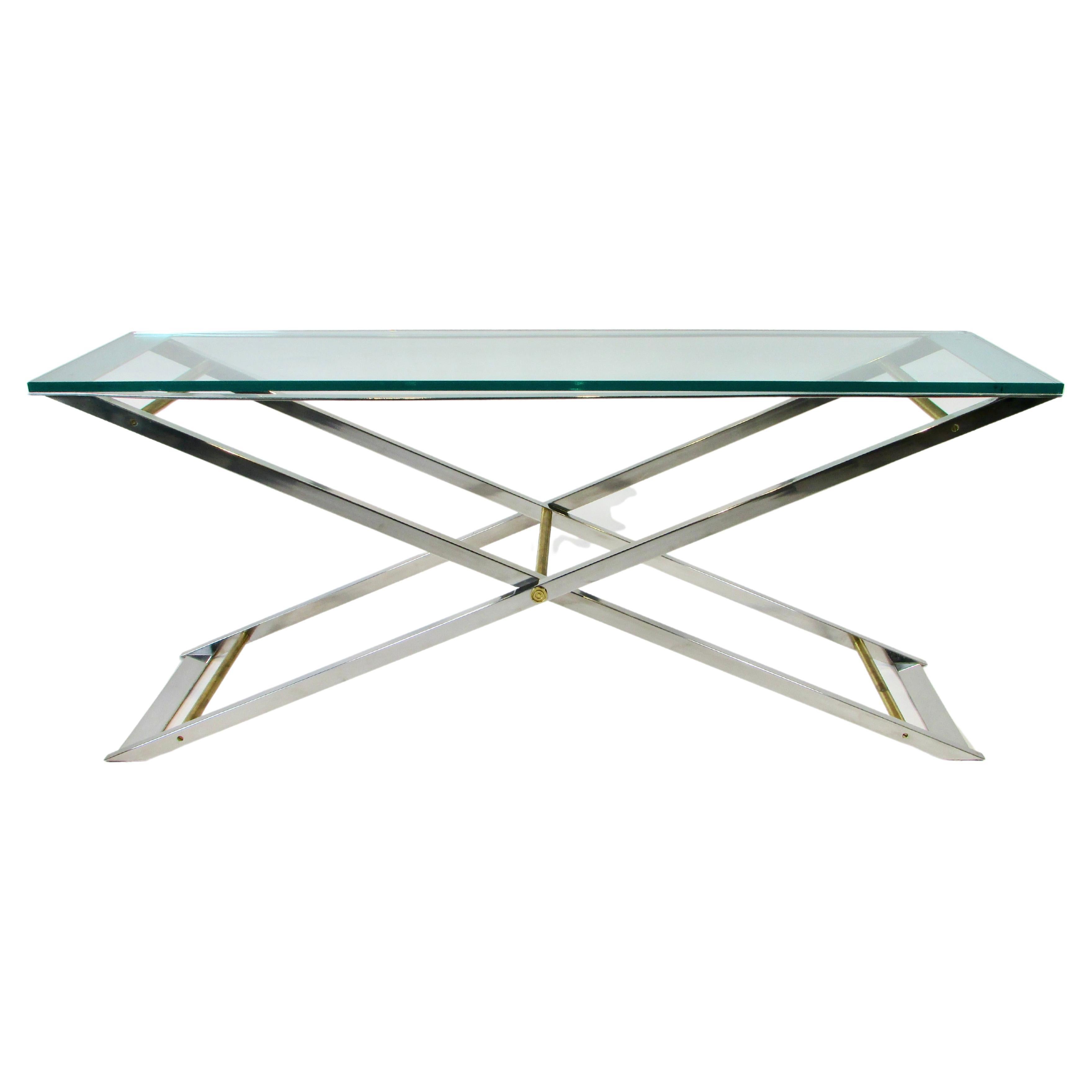 Large John Vesey Style x Frame Polished Chrome and Brass Console or Sofa Table For Sale