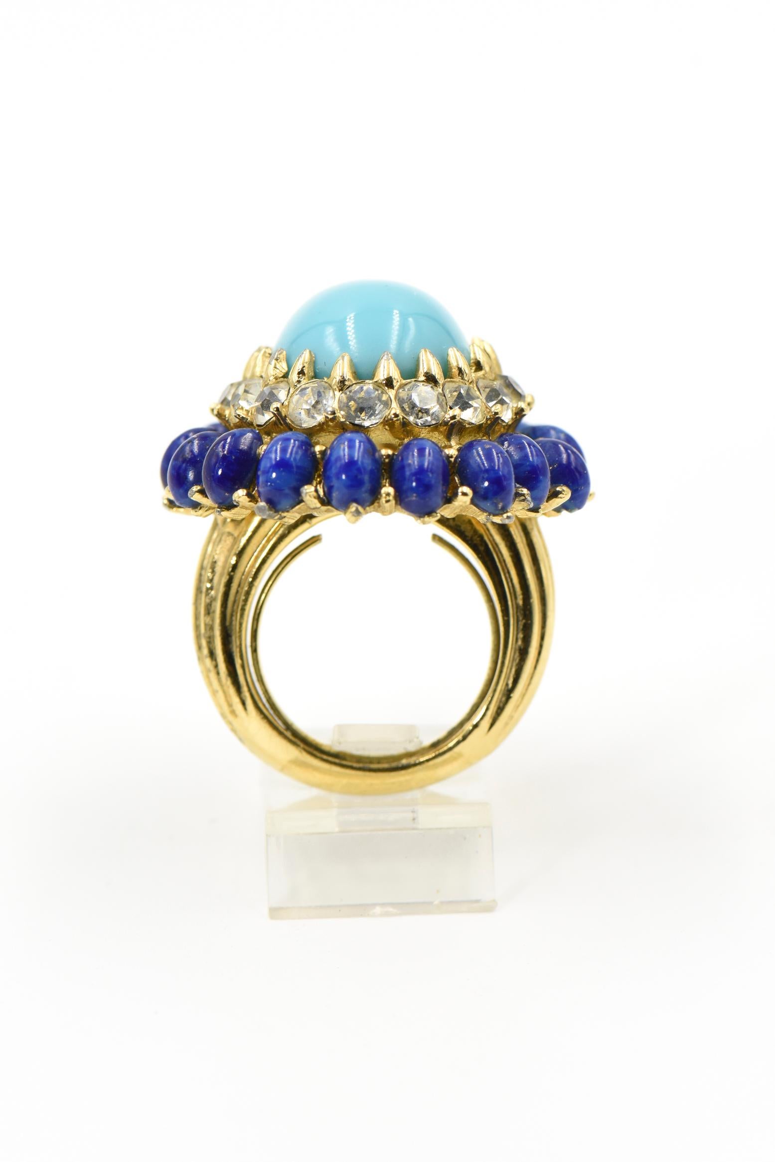 Large Jomaz Costume Turquoise Lapis Lazuli and Crystal Dome Cocktail Ring In Good Condition In Miami Beach, FL