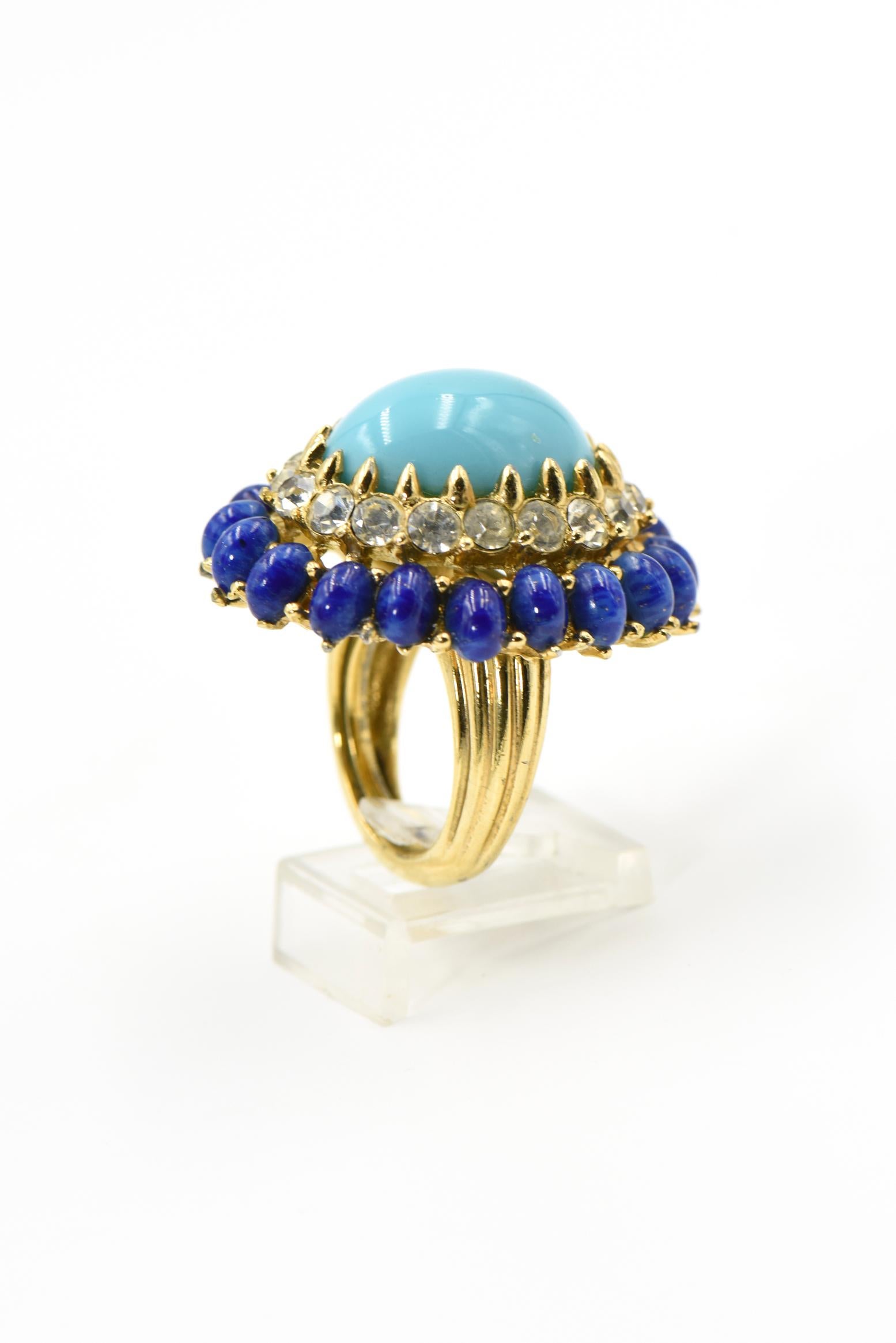 Women's Large Jomaz Costume Turquoise Lapis Lazuli and Crystal Dome Cocktail Ring