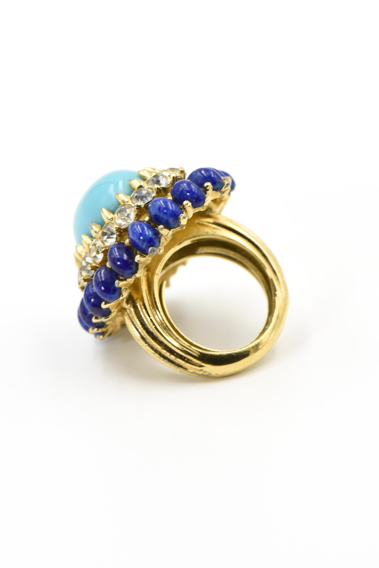 Large Jomaz Costume Turquoise Lapis Lazuli and Crystal Dome Cocktail Ring 1