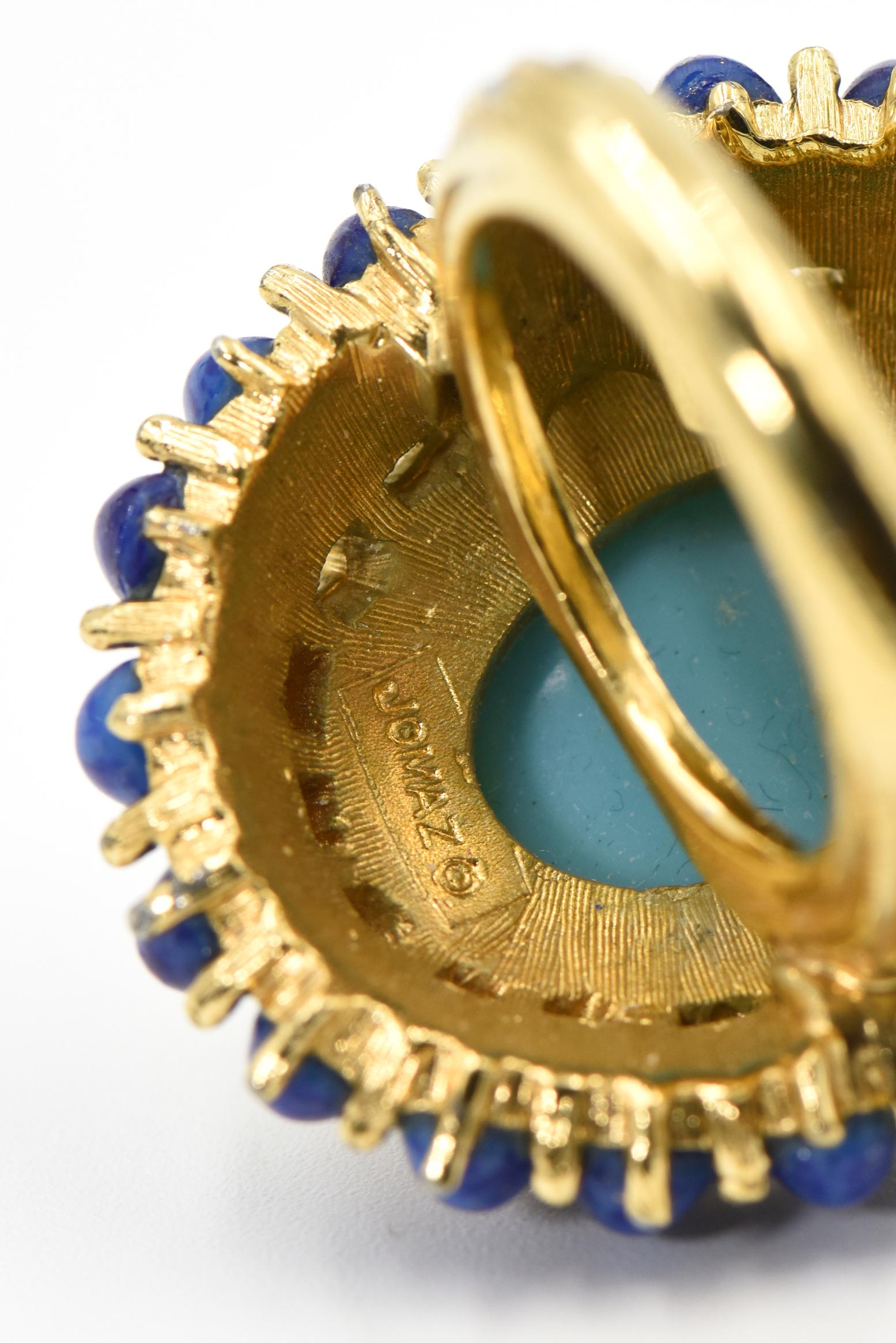 Large Jomaz Costume Turquoise Lapis Lazuli and Crystal Dome Cocktail Ring 2