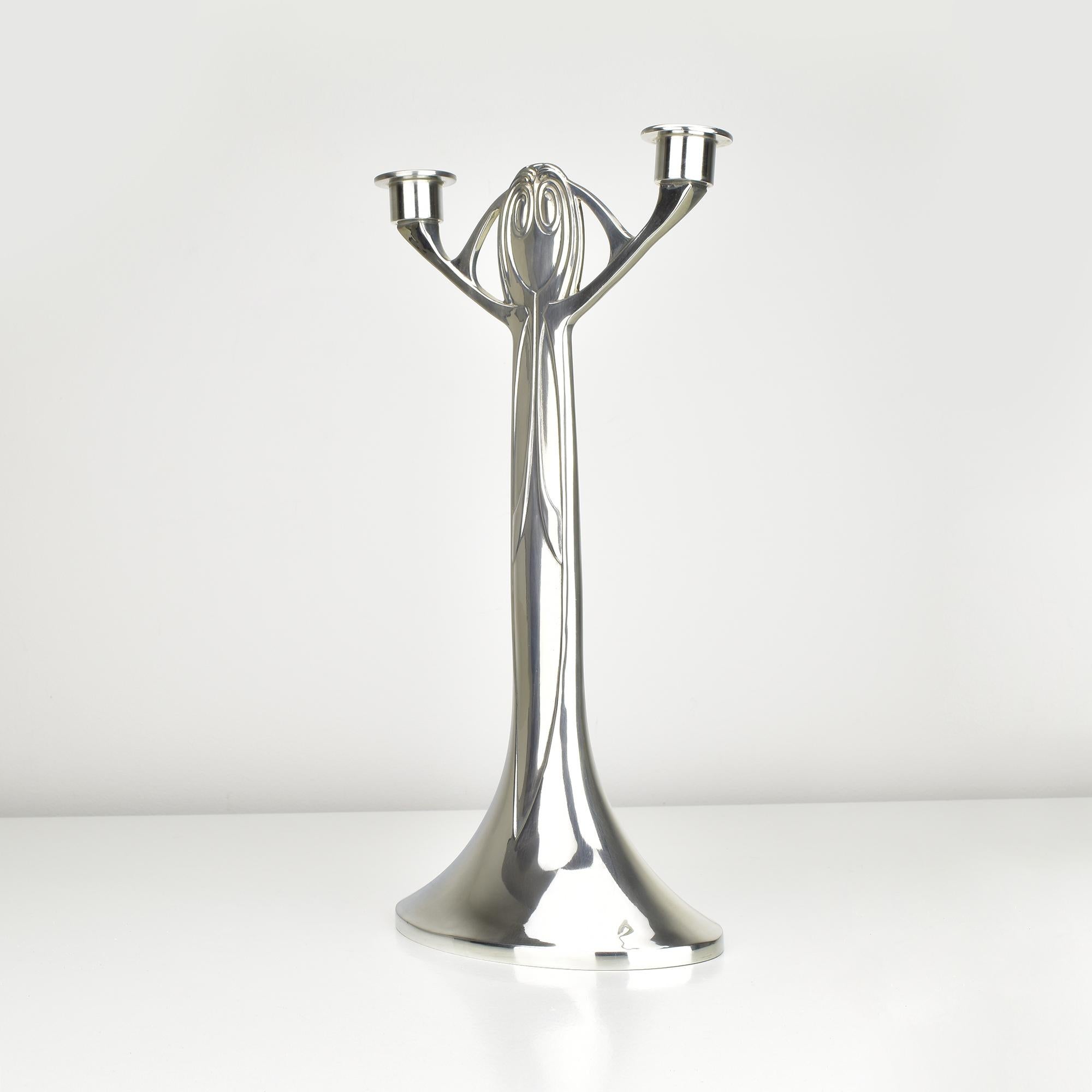 Art Nouveau Large Joseph Maria Olbrich Candleholder, Kayserzinn Reproduction, 1980s Design For Sale